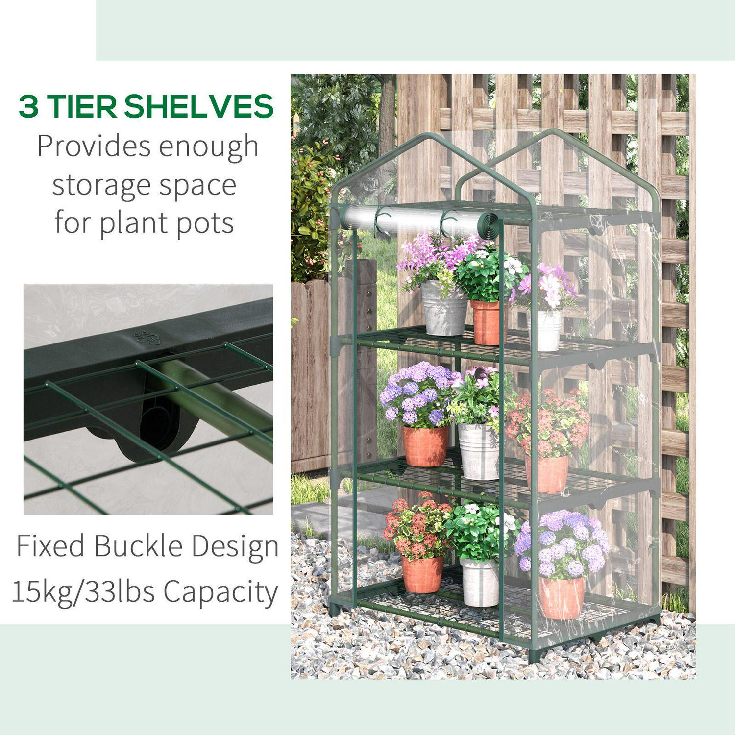 3 Tier Mini Greenhouse Portable Garden Grow With Roll Up Door And Wire Shelves, 69L X 49W 125H Cm, Clear