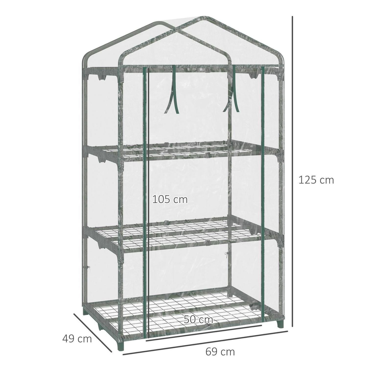 3 Tier Mini Greenhouse Portable Garden Grow With Roll Up Door And Wire Shelves, 69L X 49W 125H Cm, Clear