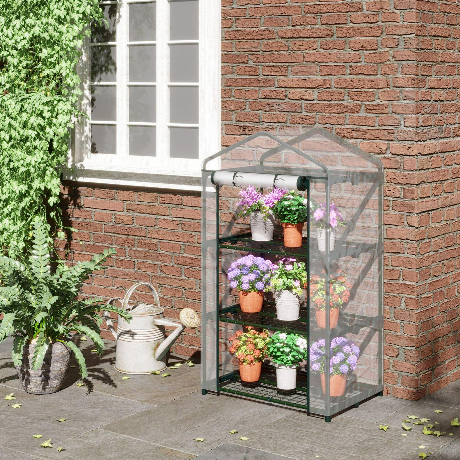 3 Tier Mini Greenhouse Portable Garden Grow With Roll Up Door And Wire Shelves, 69L X 49W 125H Cm, Clear