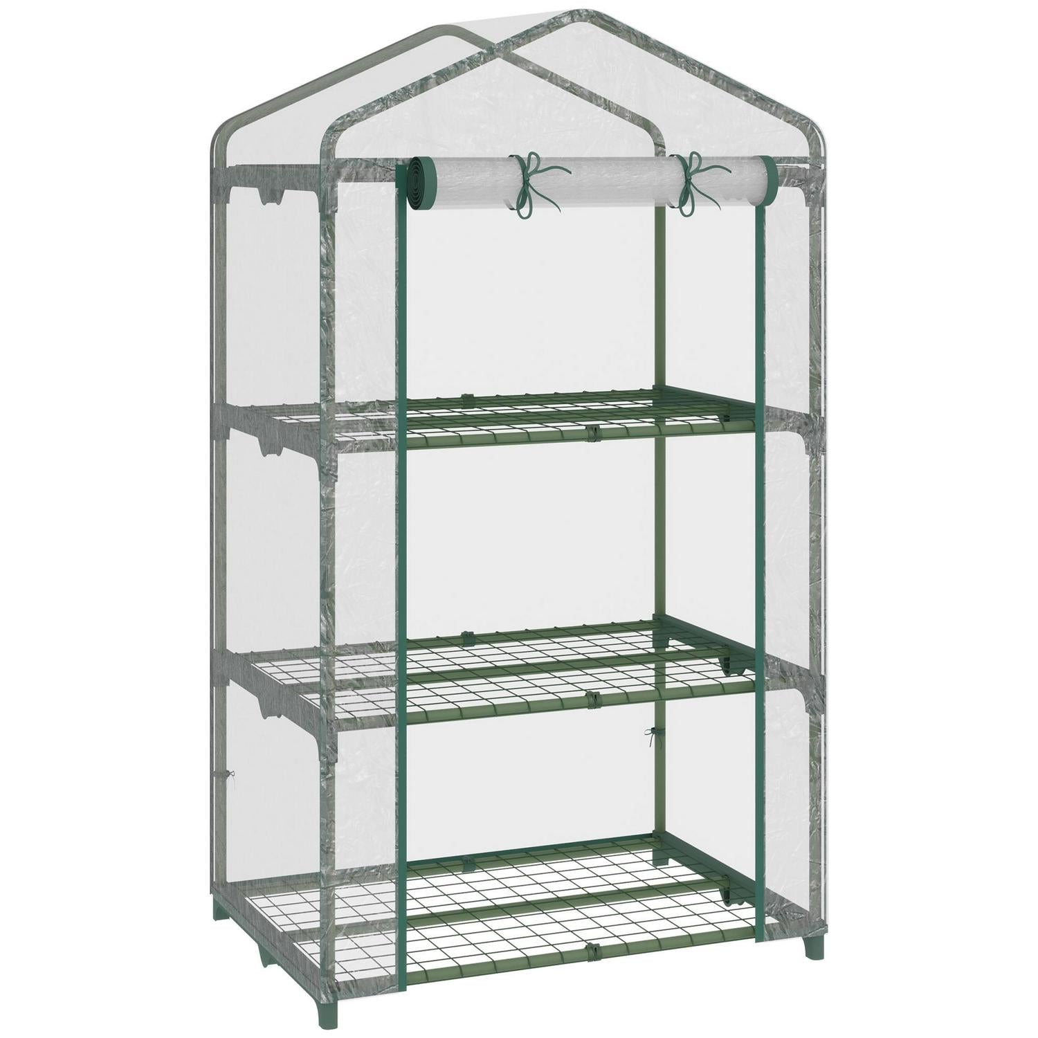 3 Tier Mini Greenhouse Portable Garden Grow With Roll Up Door And Wire Shelves, 69L X 49W 125H Cm, Clear