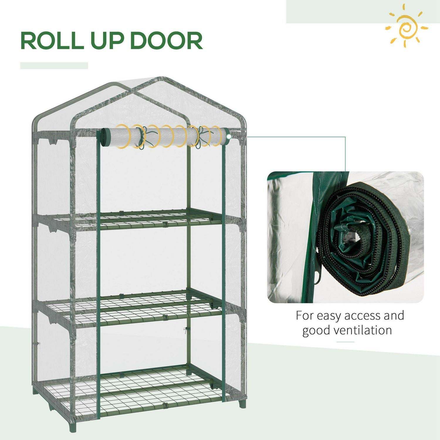 3 Tier Mini Greenhouse Portable Garden Grow With Roll Up Door And Wire Shelves, 69L X 49W 125H Cm, Clear