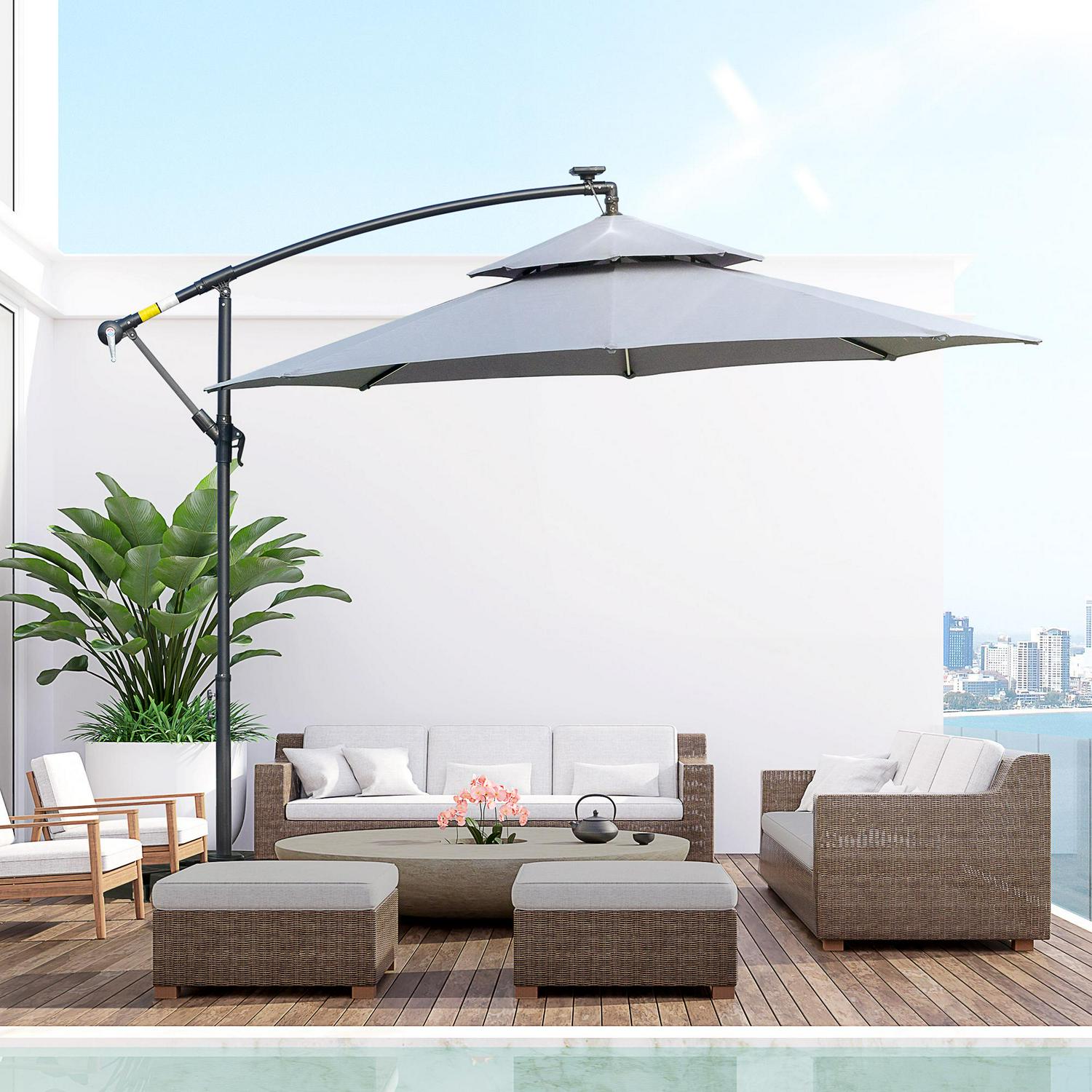 Cantilever Banana Parasol Hanging Umbrella With Double Roof- Grey