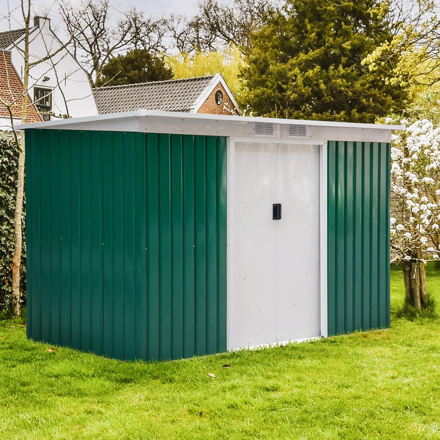 Corrugated Steel Garden Shed And Foundation - Green 4.2 X 9ft