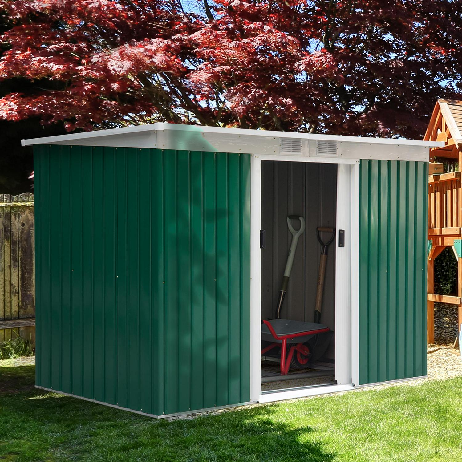 Corrugated Steel Garden Shed And Foundation - Green 4.2 X 9ft