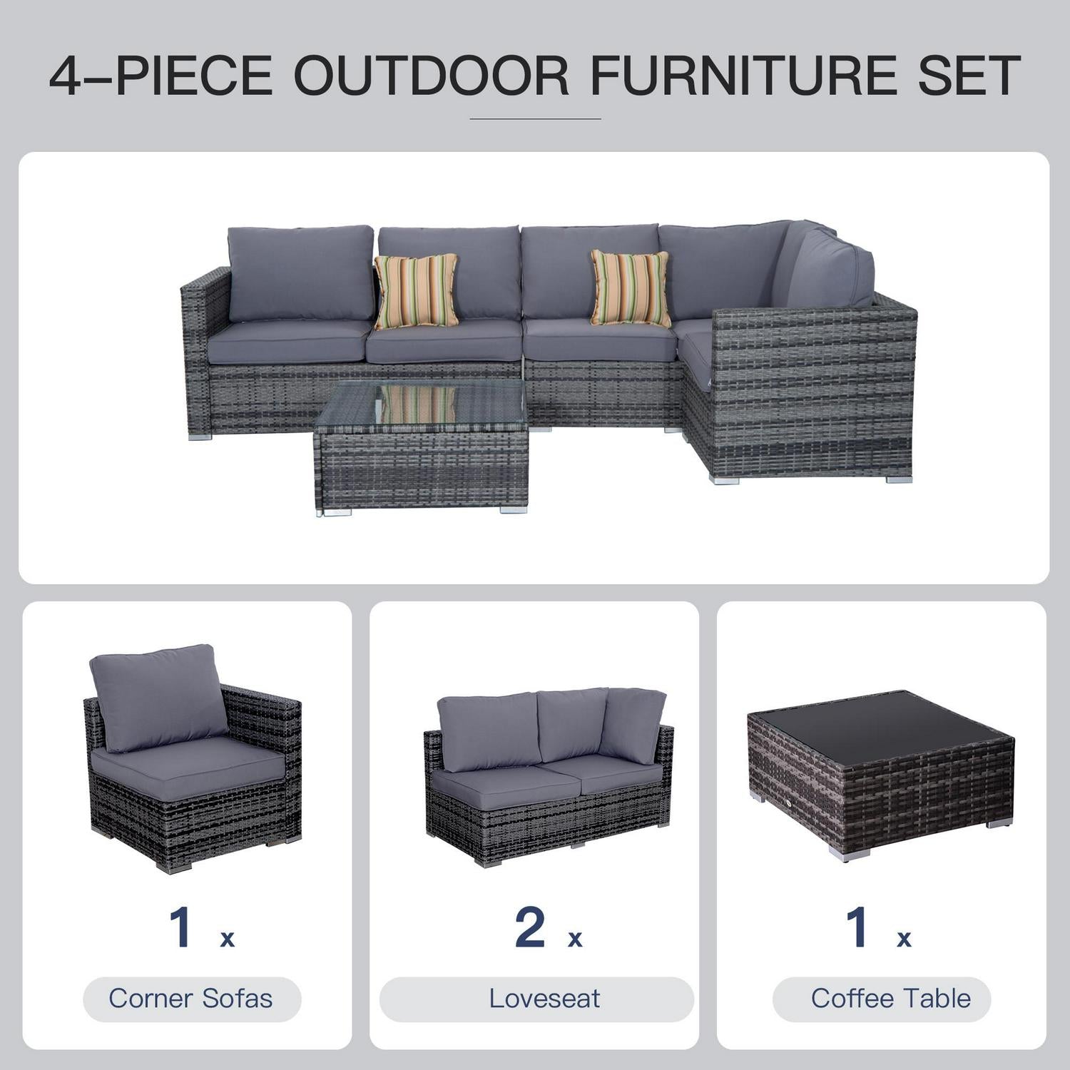 4 PCs Rattan Garden Furniture Sets- Grey