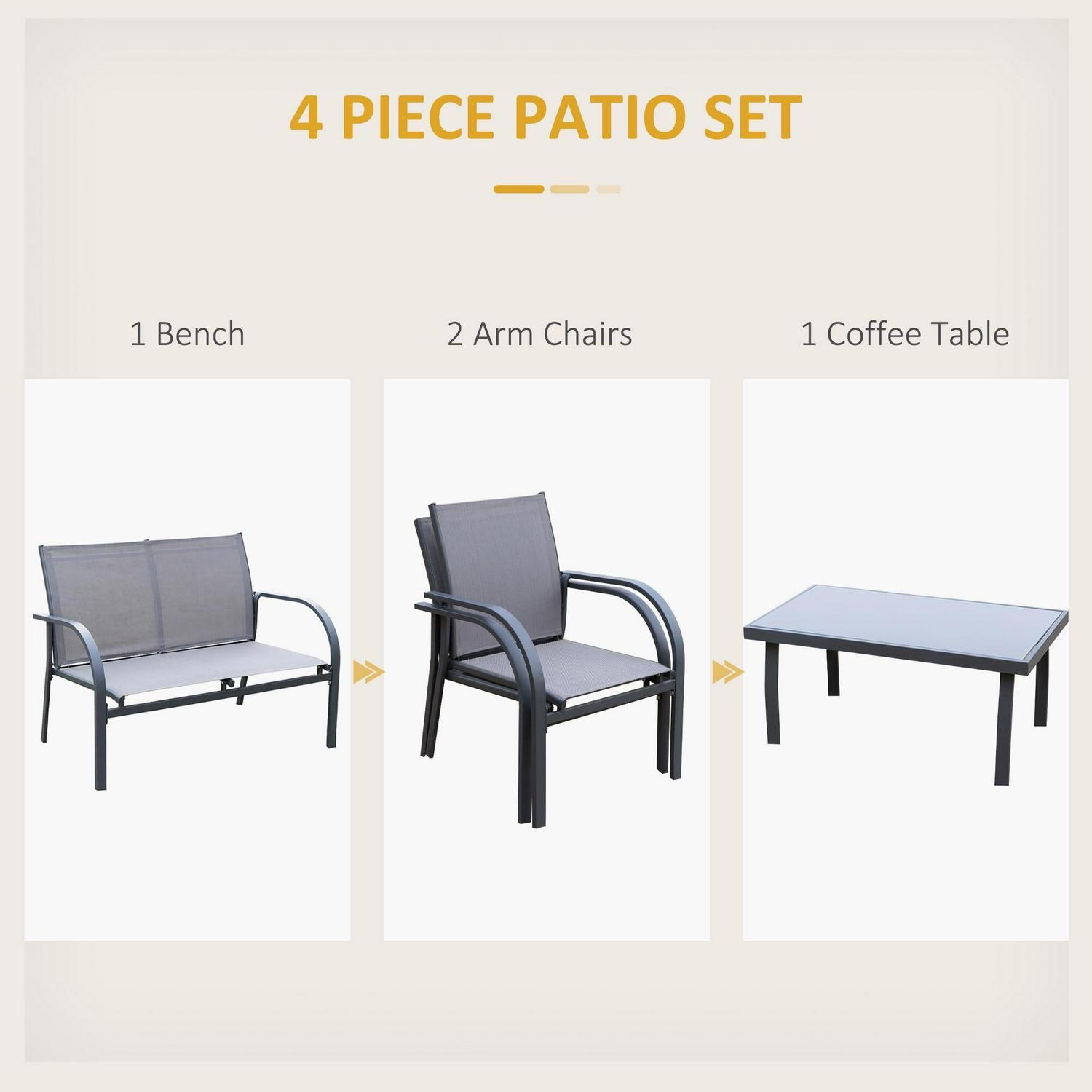 4 PCs Curved Steel Outdoor Dining Set- Grey