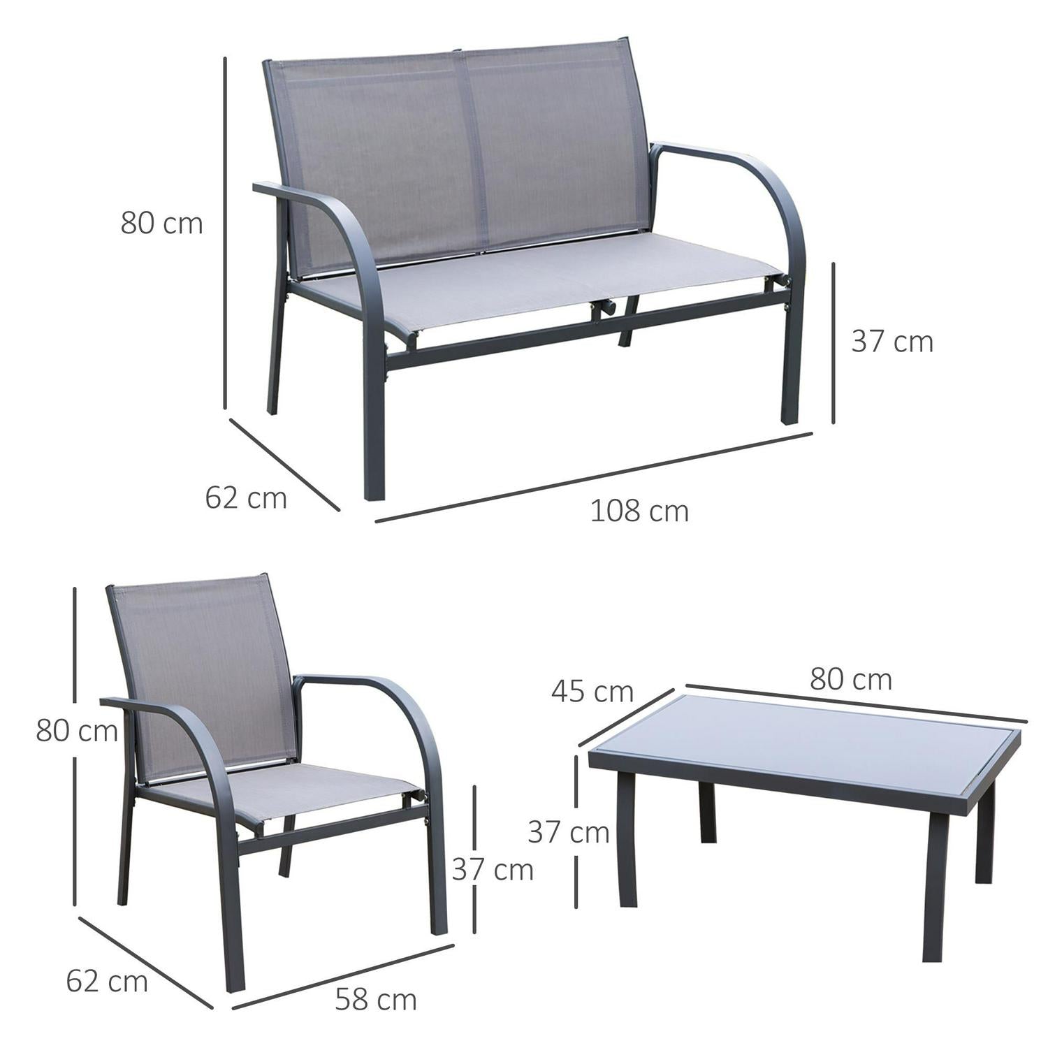 4 PCs Curved Steel Outdoor Dining Set- Grey