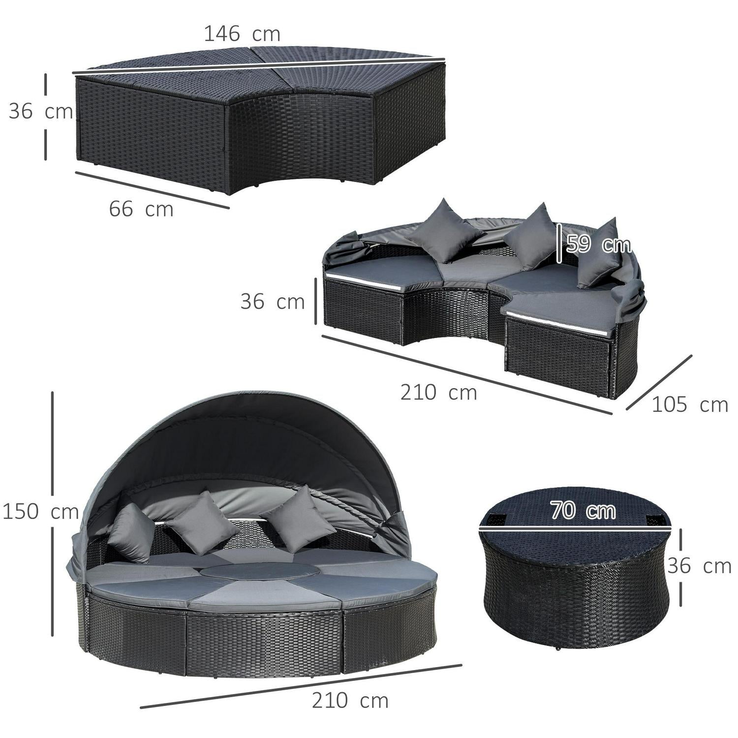 4 PCs PE Rattan Garden Daybed Set- Black