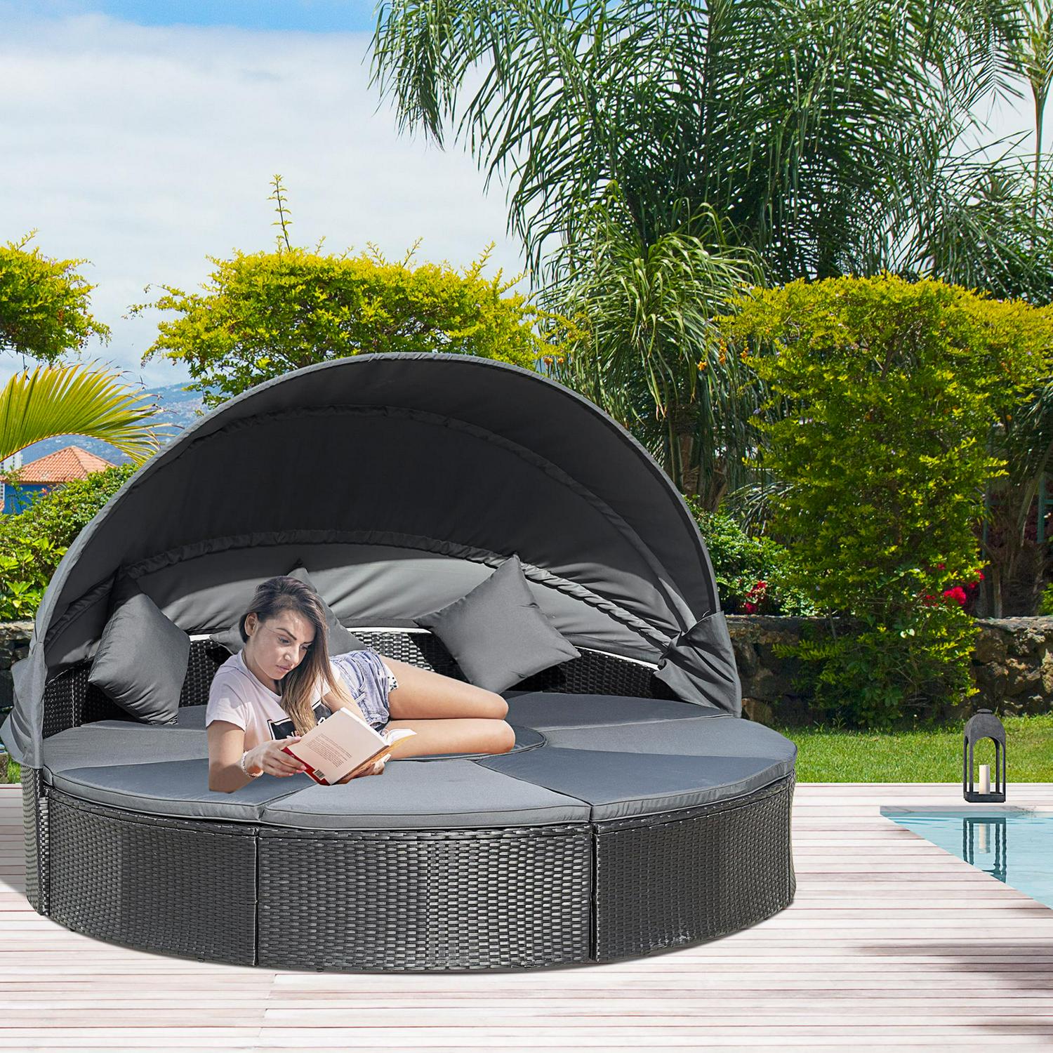 4 PCs PE Rattan Garden Daybed Set- Black