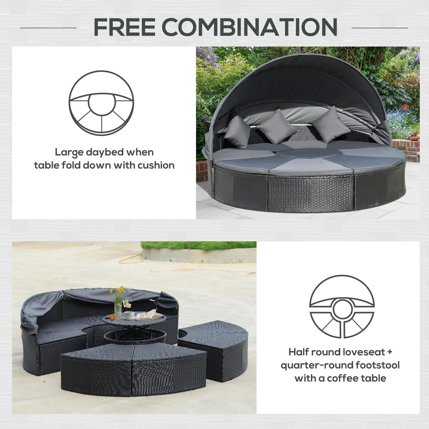 4 PCs PE Rattan Garden Daybed Set- Black