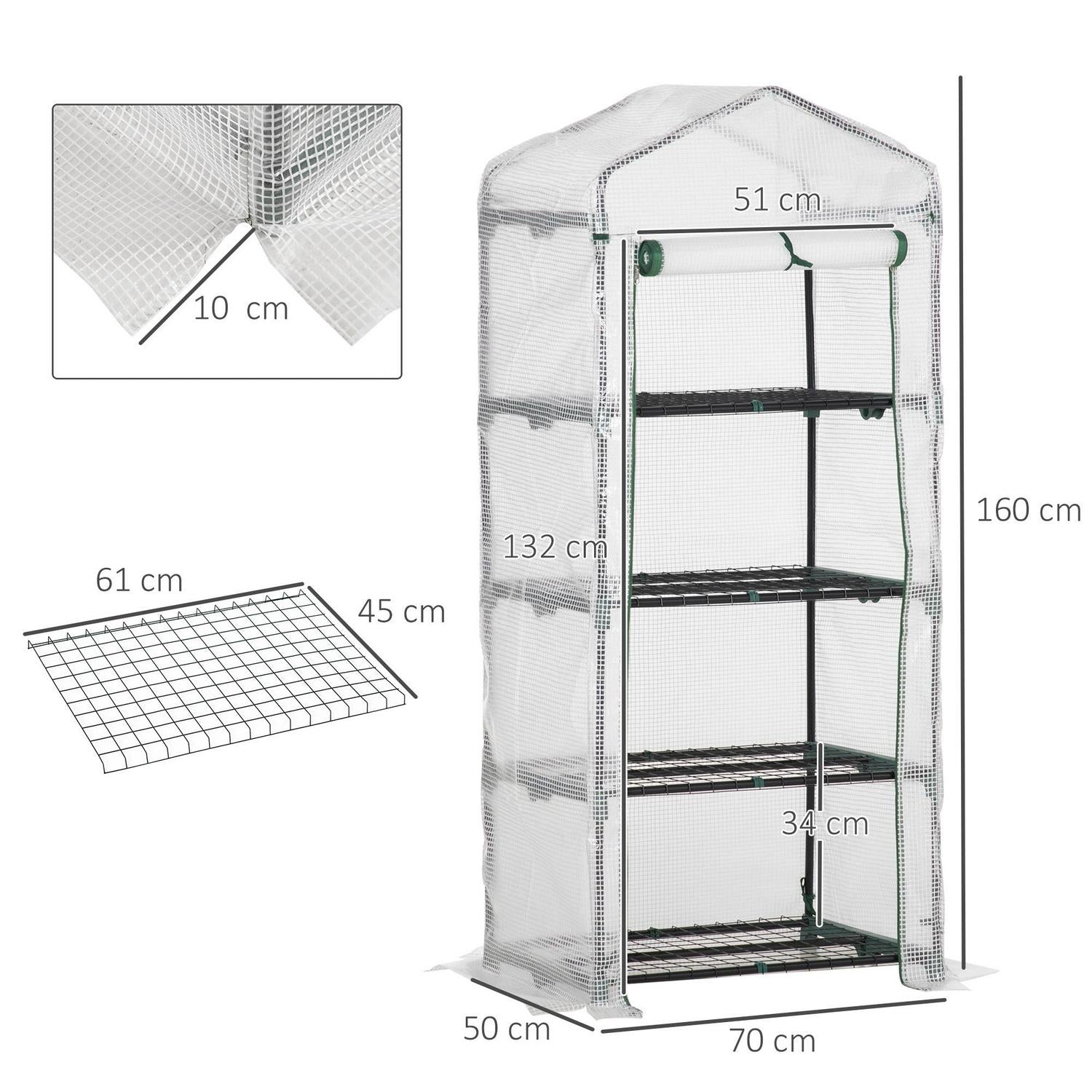 4-Tier Portable Greenhouse Plant Shed With PE Cover Roll-up Door, White