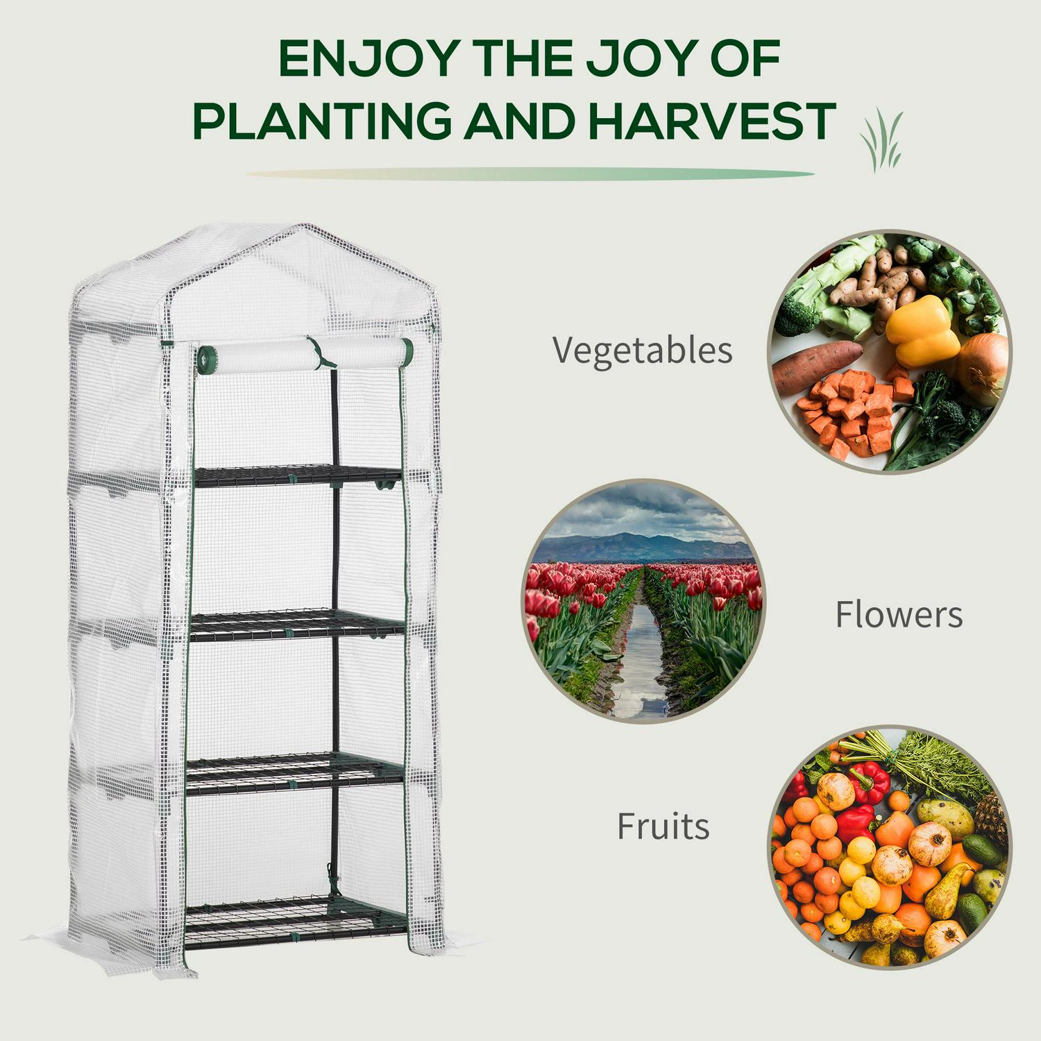 4-Tier Portable Greenhouse Plant Shed With PE Cover Roll-up Door, White