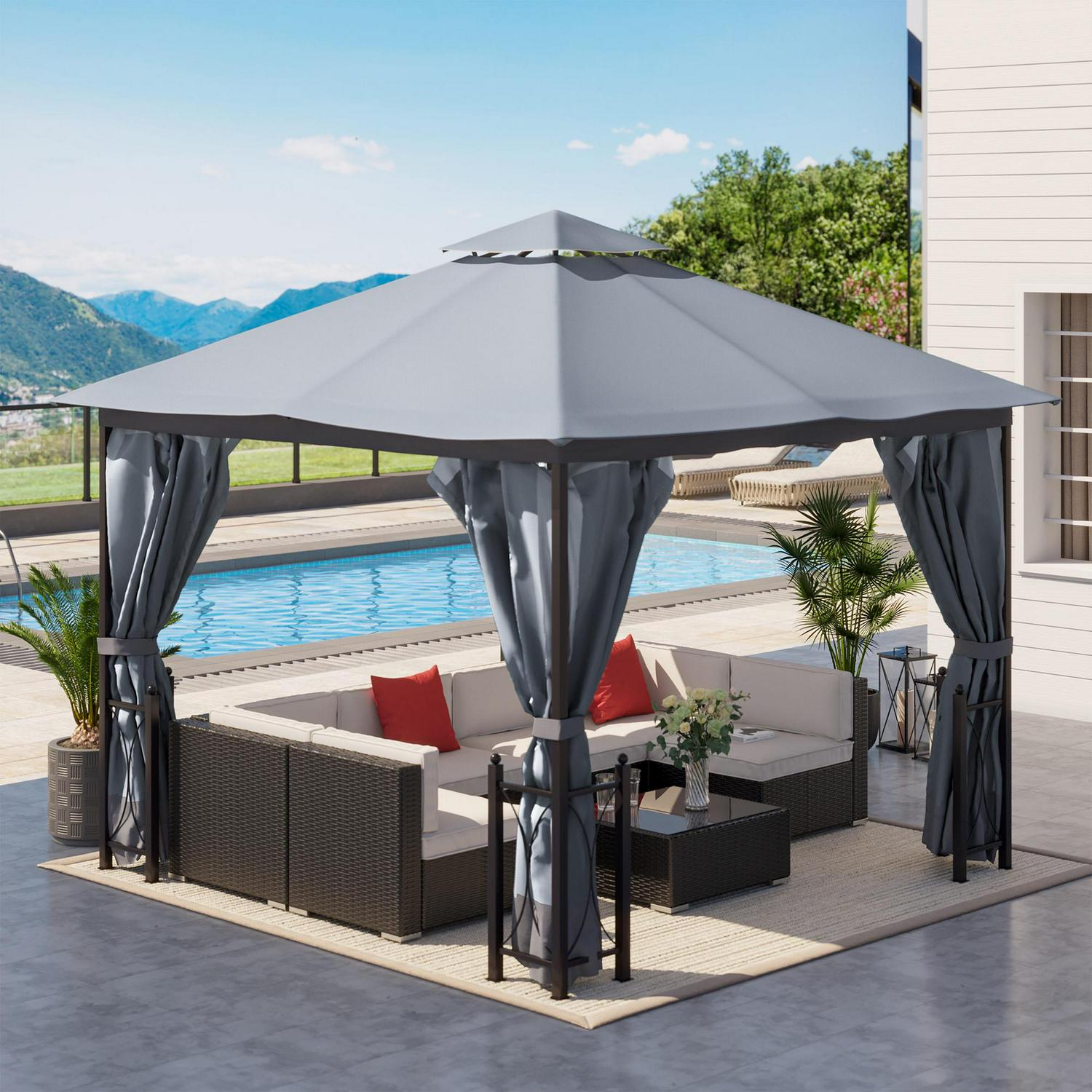 Patio Metal Gazebo Canopy Garden Tent Shade- Grey