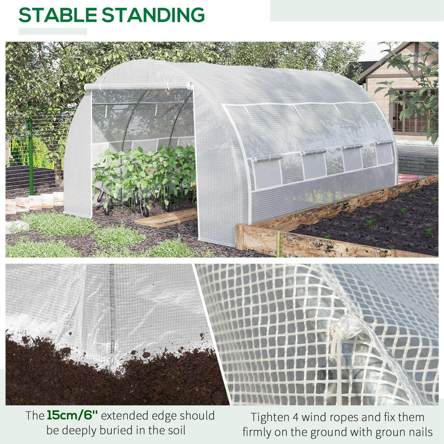 Polytunnel Greenhouse, Walk In Pollytunnel Tent With Steel Frame, Reinforced Cover, Zippered Door And 8 Windows Garden Backyard, White (4 X 3 X 2)M