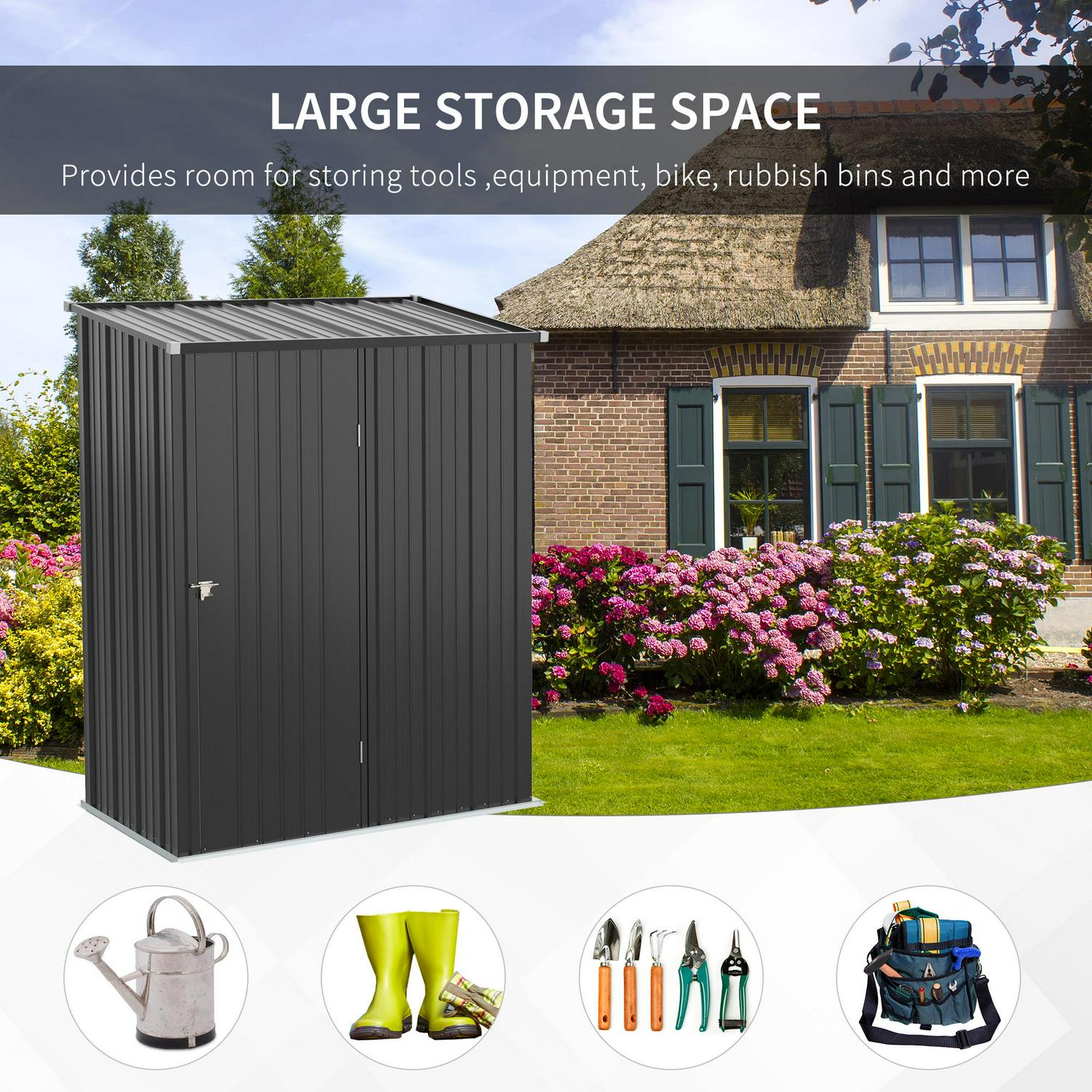 Outdoor Storage Shed, Garden Metal W/ Single For Backyard, Patio, Lawn, Charcoal Grey 5.3ft X 3.1ft