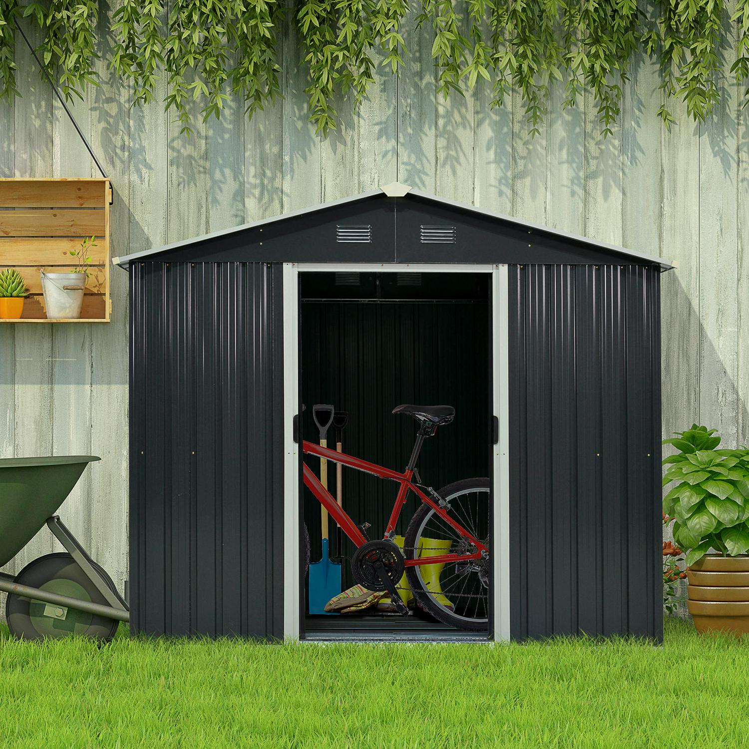 Corrugated Steel Sliding Door Garden Shed - Grey 5.7 X 7.7ft