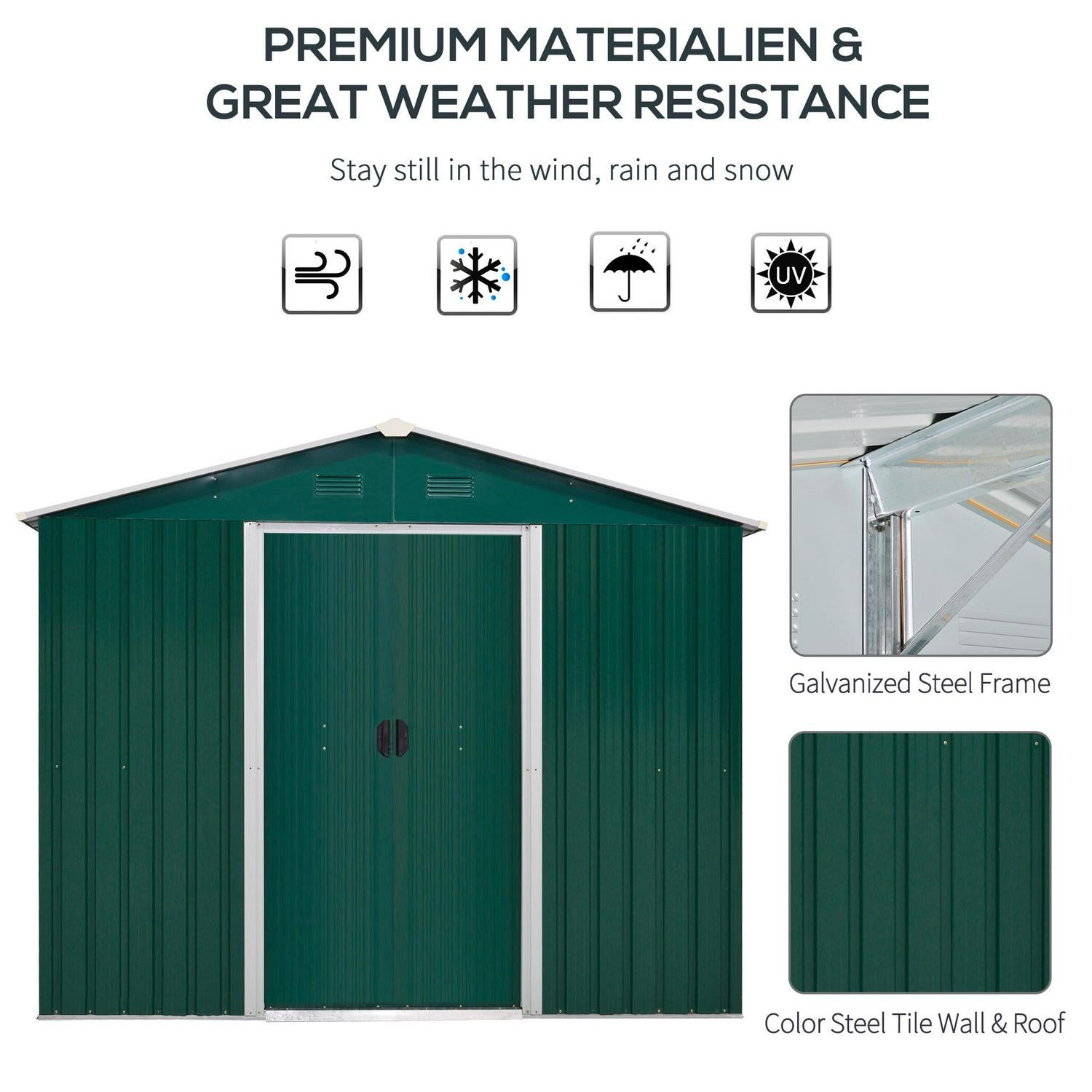 Corrugated Steel Sliding Door Garden Shed - Green 5.7 X 7.7ft