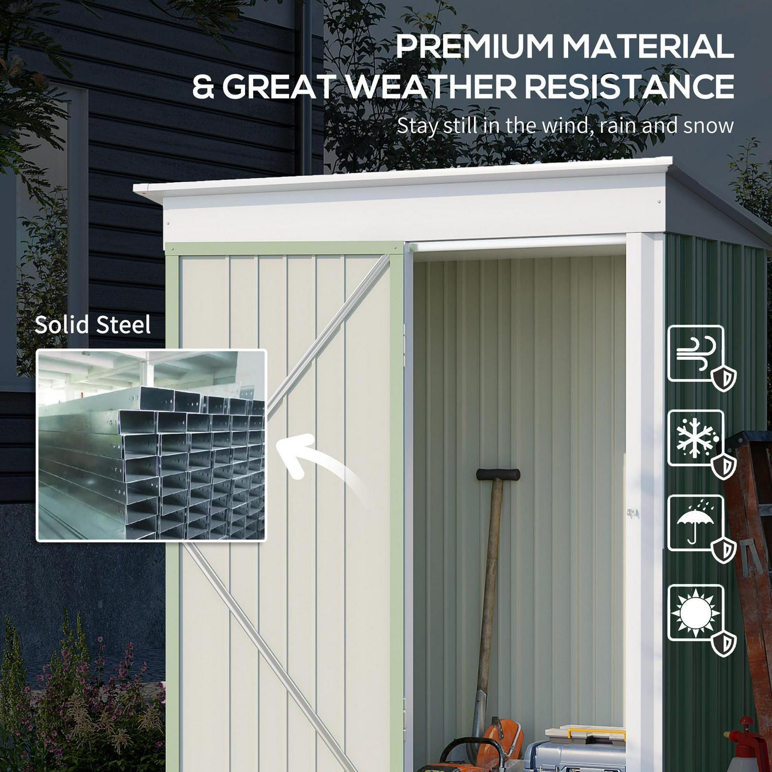 5'x3'x6' Metal Garden Shed, Outdoor Lean-to For Tool Motor Bike, With Adjustable Shelf, Lock, Gloves, Green And White