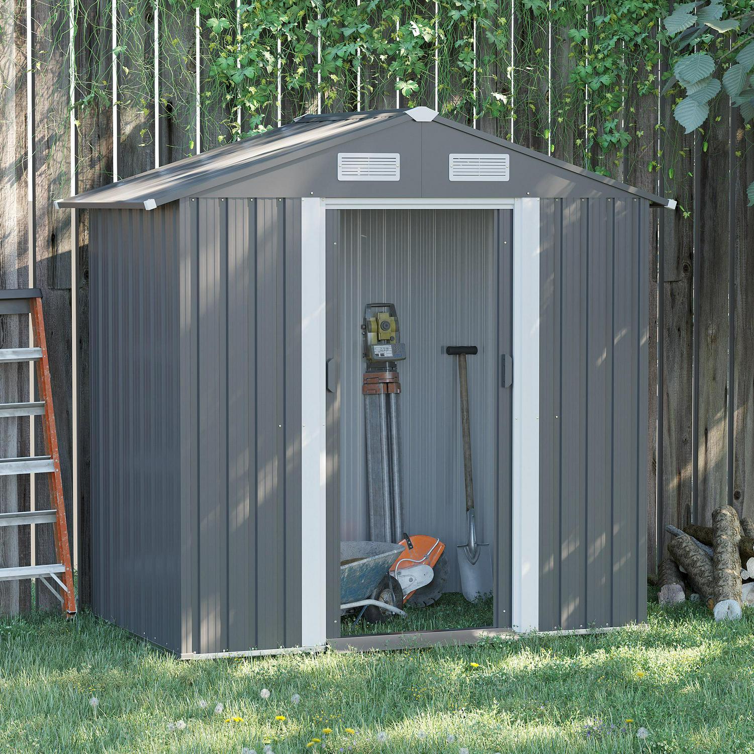 Garden Metal Storage Shed W/ Double Sliding Door And Air Vents, Tool For Backyard Patio Lawn, Grey (6.4 X 3.6)ft