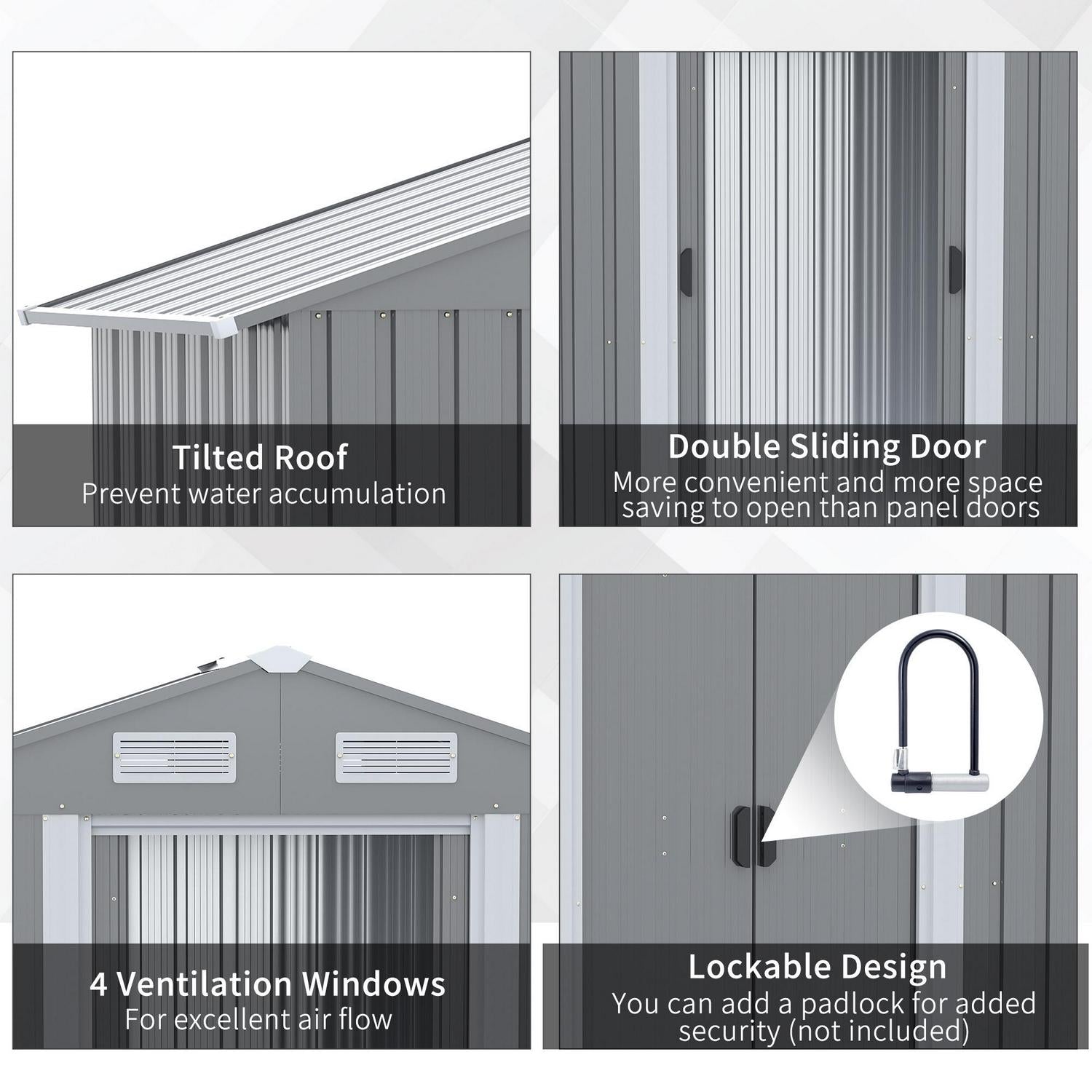 Garden Metal Storage Shed W/ Double Sliding Door And Air Vents, Tool For Backyard Patio Lawn, Grey (6.4 X 3.6)ft