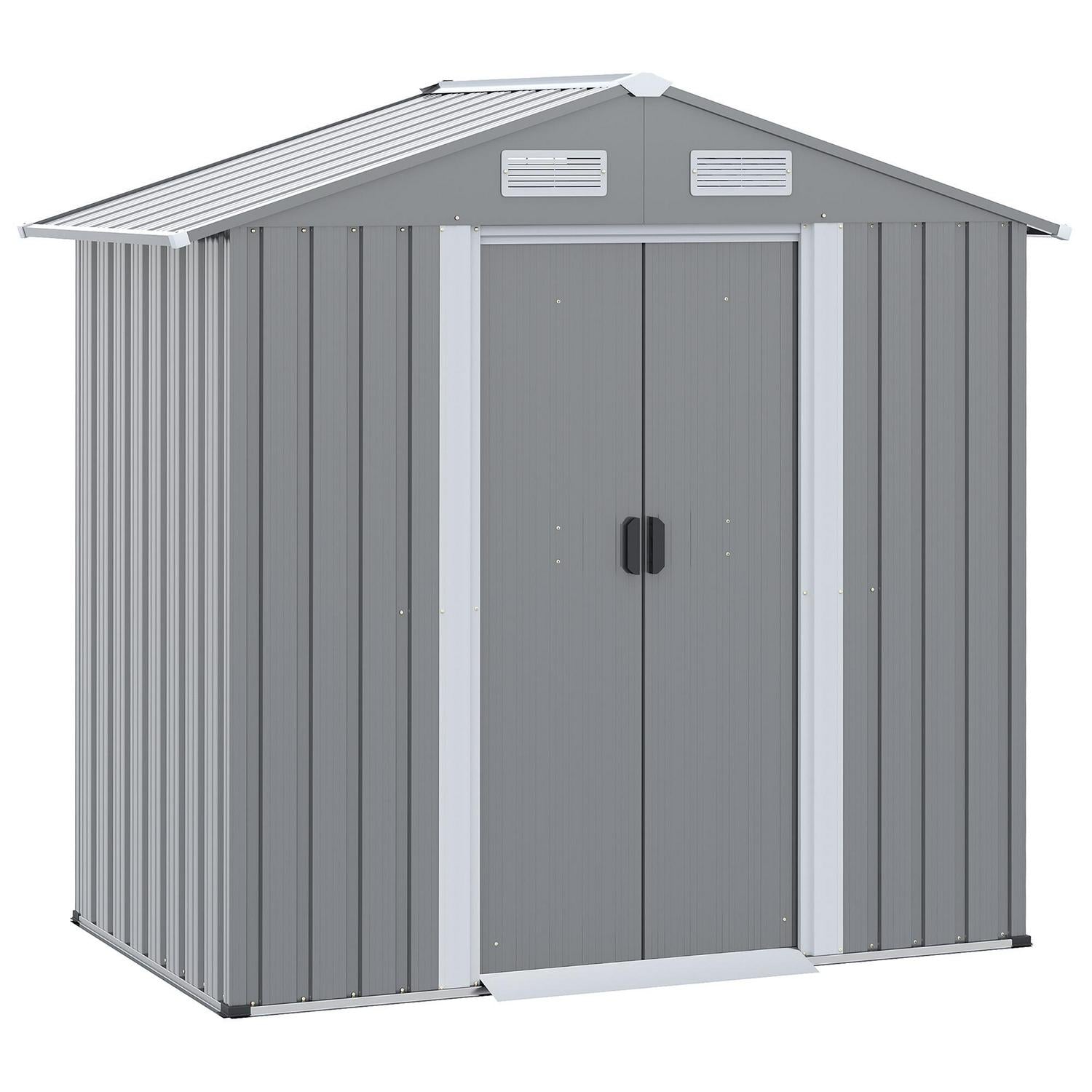 Garden Metal Storage Shed W/ Double Sliding Door And Air Vents, Tool For Backyard Patio Lawn, Grey (6.4 X 3.6)ft