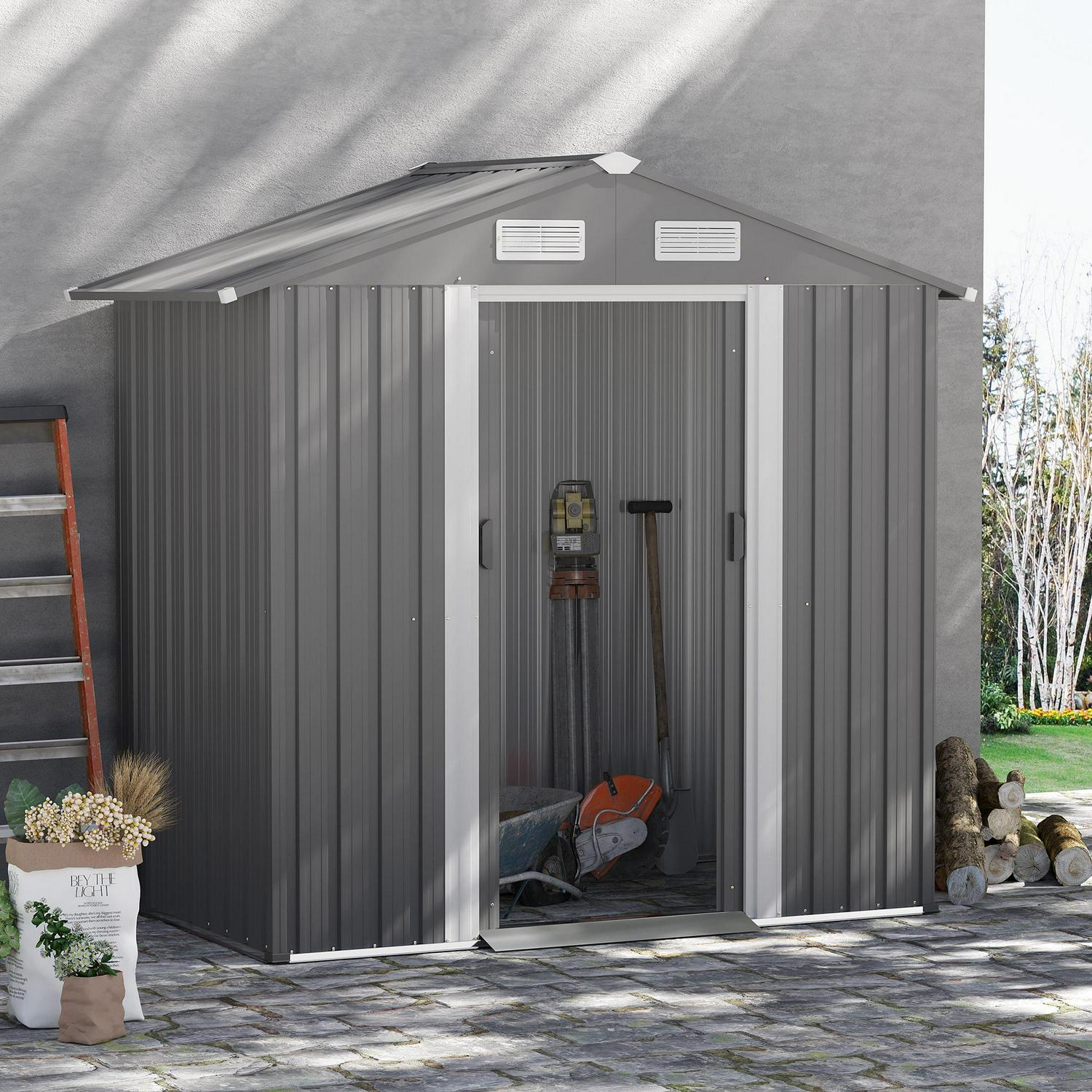 Garden Metal Storage Shed W/ Double Sliding Door And Air Vents, Tool For Backyard Patio Lawn, Grey (6.4 X 3.6)ft