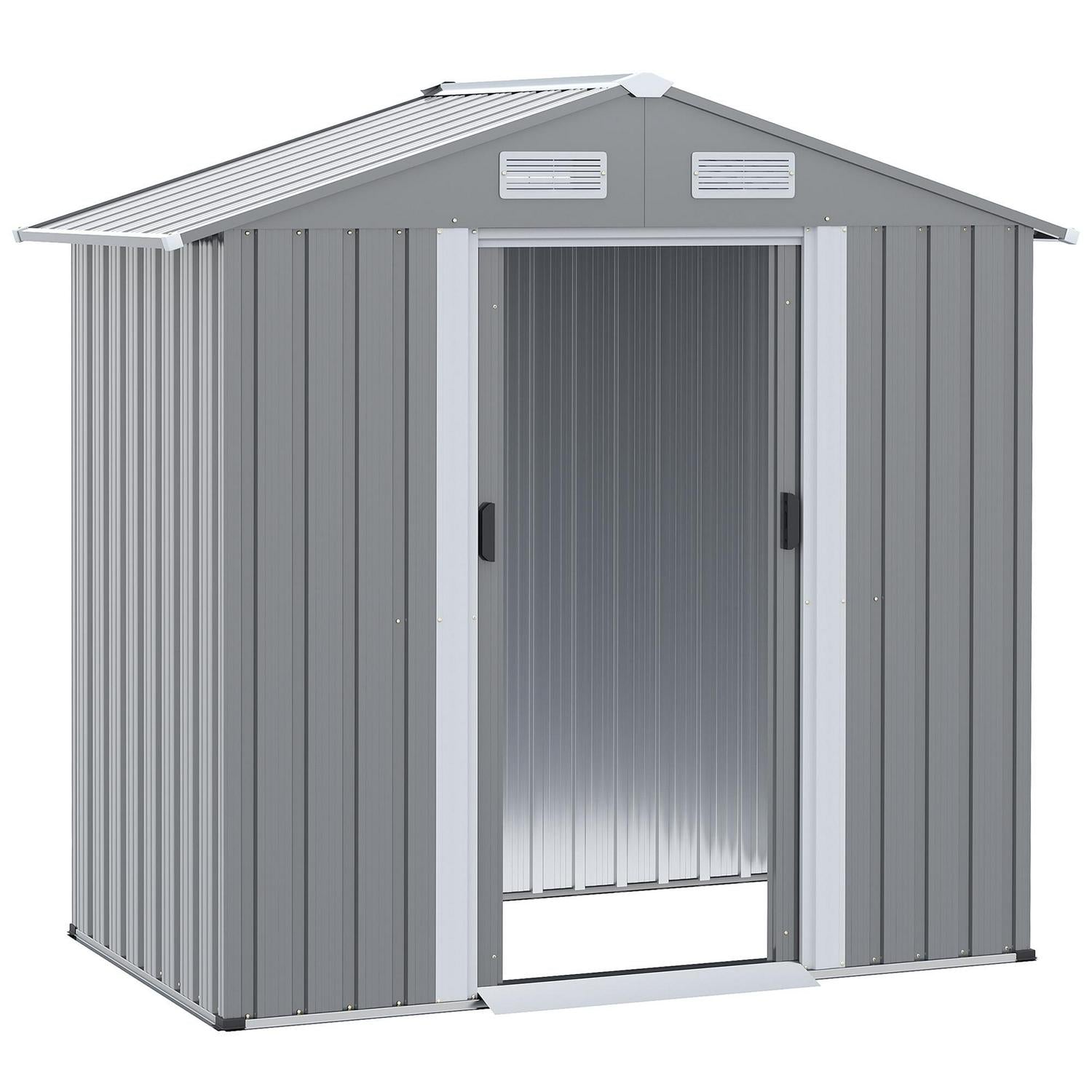 Garden Metal Storage Shed W/ Double Sliding Door And Air Vents, Tool For Backyard Patio Lawn, Grey (6.4 X 3.6)ft