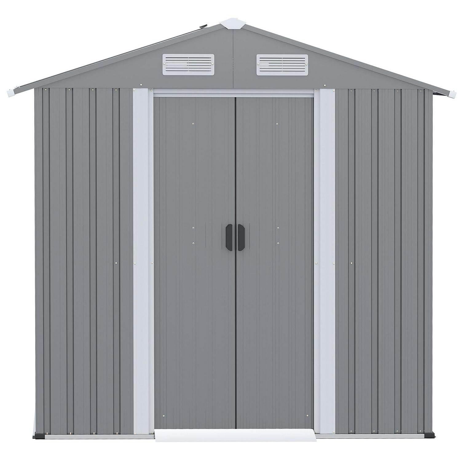 Garden Metal Storage Shed W/ Double Sliding Door And Air Vents, Tool For Backyard Patio Lawn, Grey (6.4 X 3.6)ft