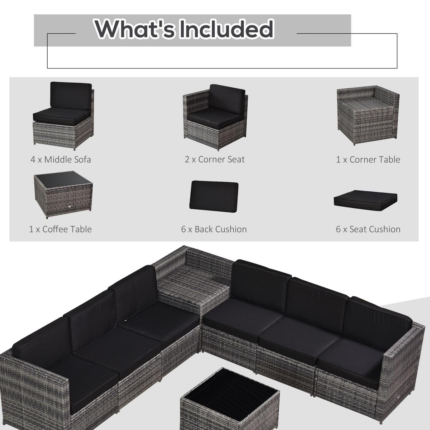6-Seater Rattan Sofa Furniture Set W/ Cushions, Steel Frame-Grey