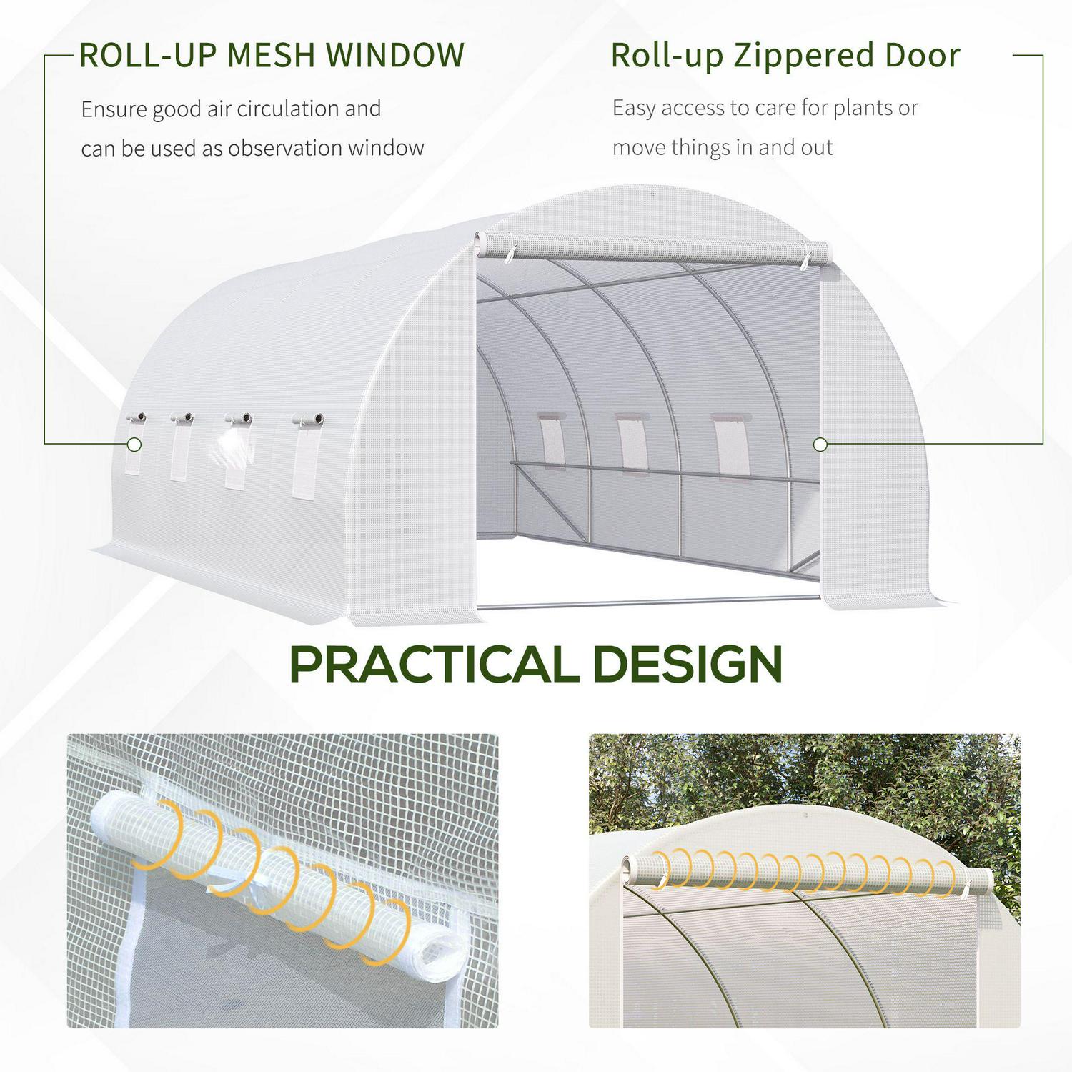 Polytunnel Greenhouse, Walk In Pollytunnel Tent With Metal Frame, Zippered Door And 8 Windows For Garden Backyard, White (6 X 3 X 2) M