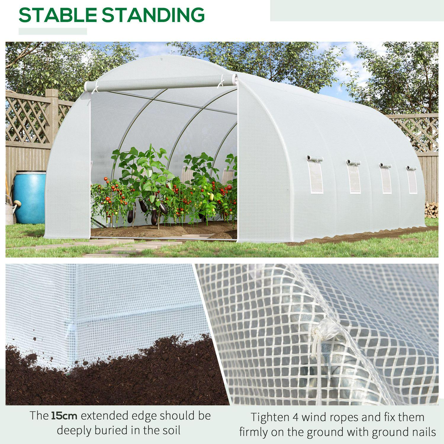 Polytunnel Greenhouse, Walk In Pollytunnel Tent With Metal Frame, Zippered Door And 8 Windows For Garden Backyard, White (6 X 3 X 2) M