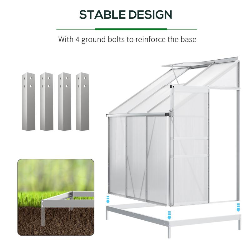 6 X 4ft Polycarbonate Greenhouse Aluminum Walk-in Garden With Adjustable Roof Vent