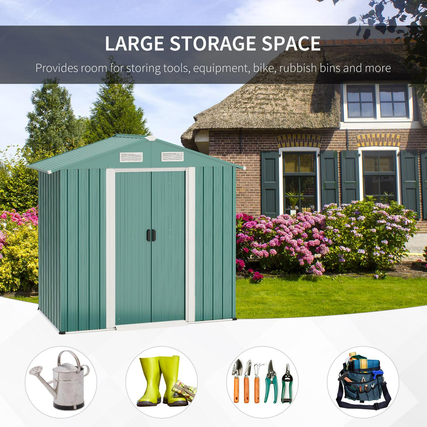 Garden Metal Storage Shed W/ Double Sliding Door And Air Vents, Tool For Backyard Patio Lawn, Green 6ft X 3.7ft