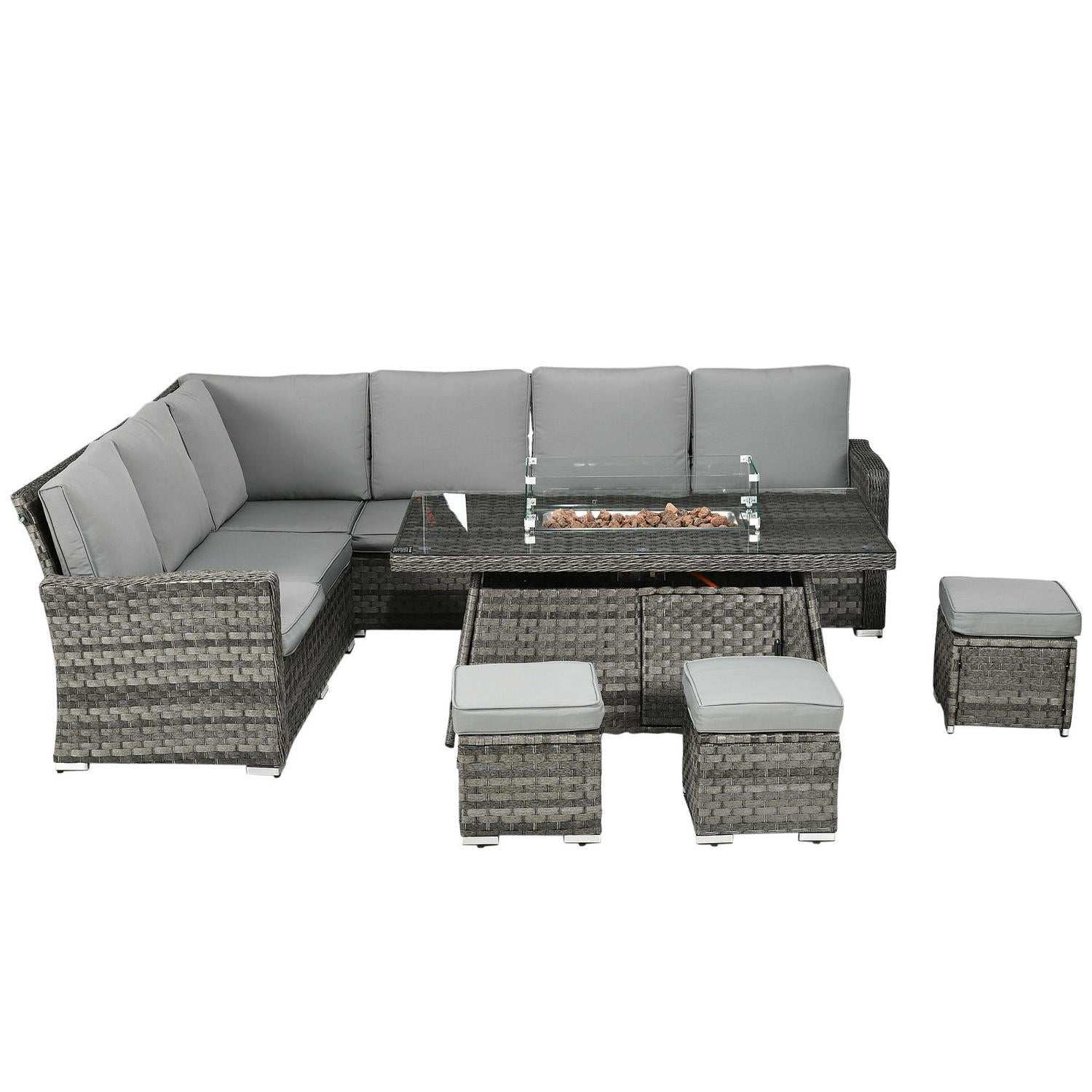 7 Pieces PE Rattan Garden Furniture Set, 50,000 BTU Gas Fire Pit Table, Double Corner Sofa And 3 Footstools, 6 Seater Sets With Cushions For Conservatory, Grey