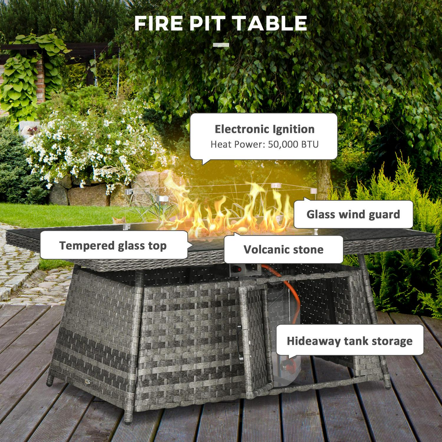 7 Pieces PE Rattan Garden Furniture Set, 50,000 BTU Gas Fire Pit Table, Double Corner Sofa And 3 Footstools, 6 Seater Sets With Cushions For Conservatory, Grey