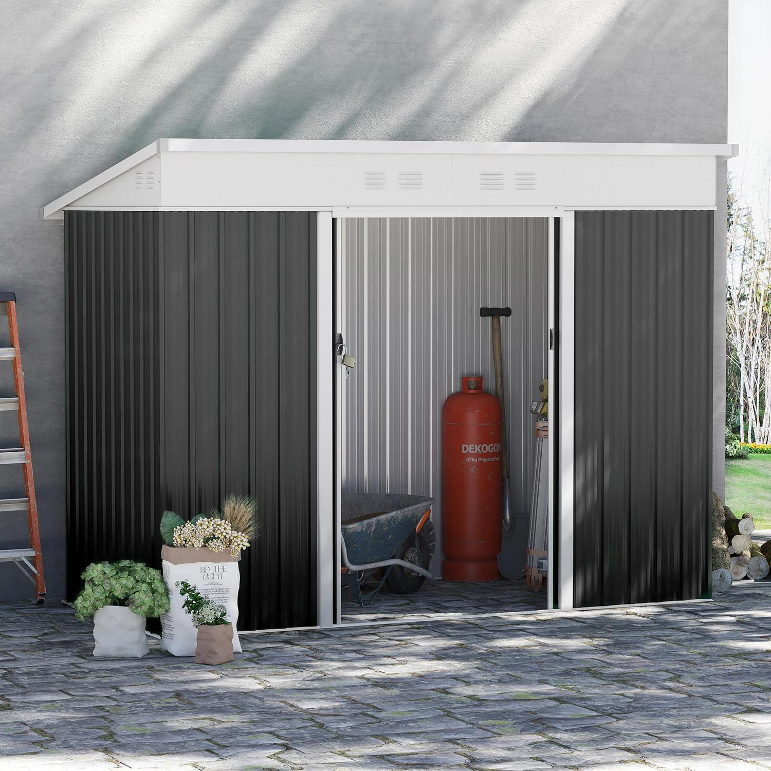 Garden Storage Shed W/ Sliding Door Ventilation Window Sloped Roof Gardening Tool Dark Grey 7 X 4ft