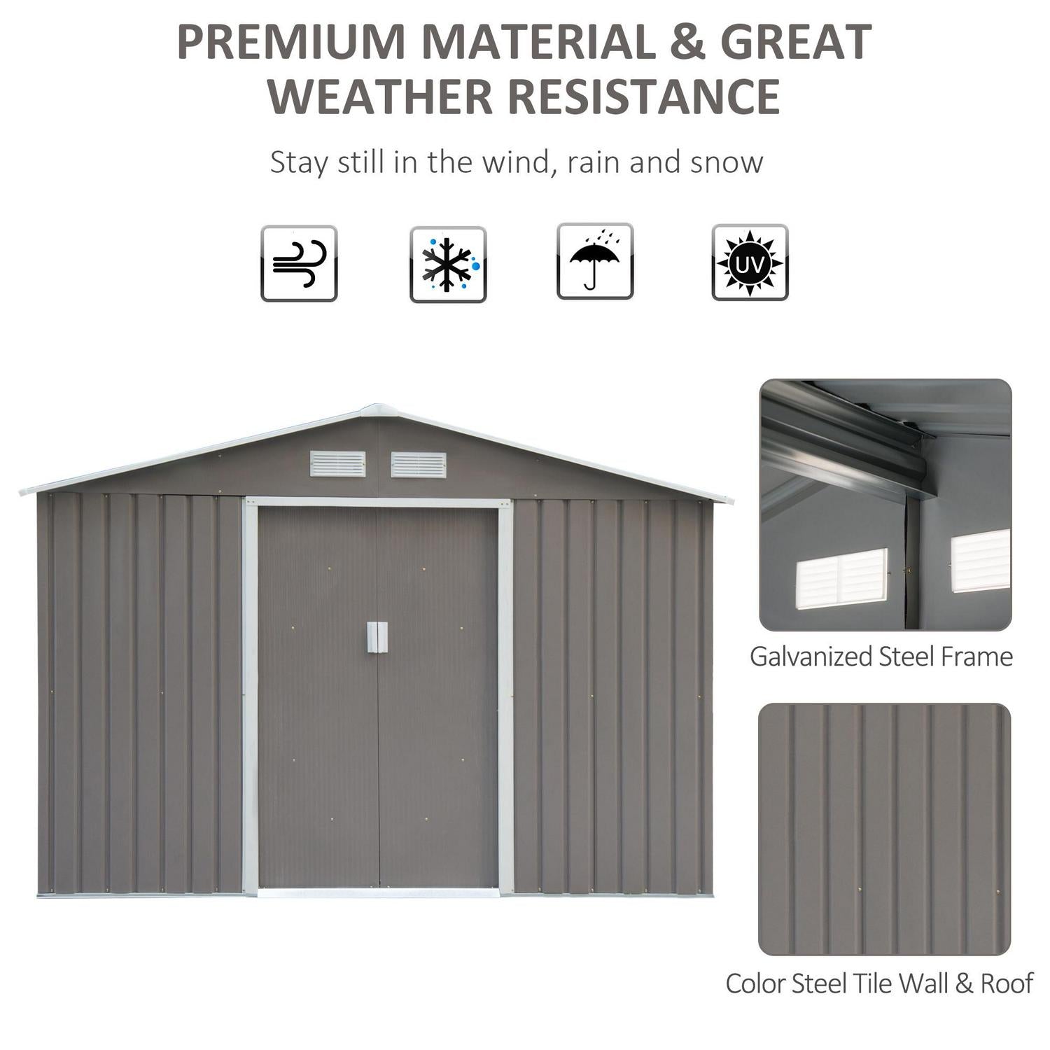 Outdoor Garden Roofed Metal Storage Shed Tool Box With Foundation Ventilation And Doors Light, Grey 9 X 6FT