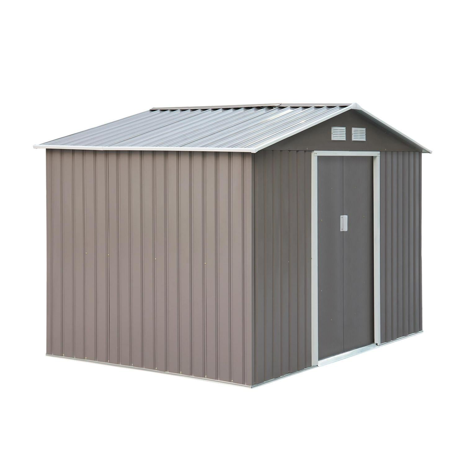 Outdoor Garden Roofed Metal Storage Shed Tool Box With Foundation Ventilation And Doors Light, Grey 9 X 6FT