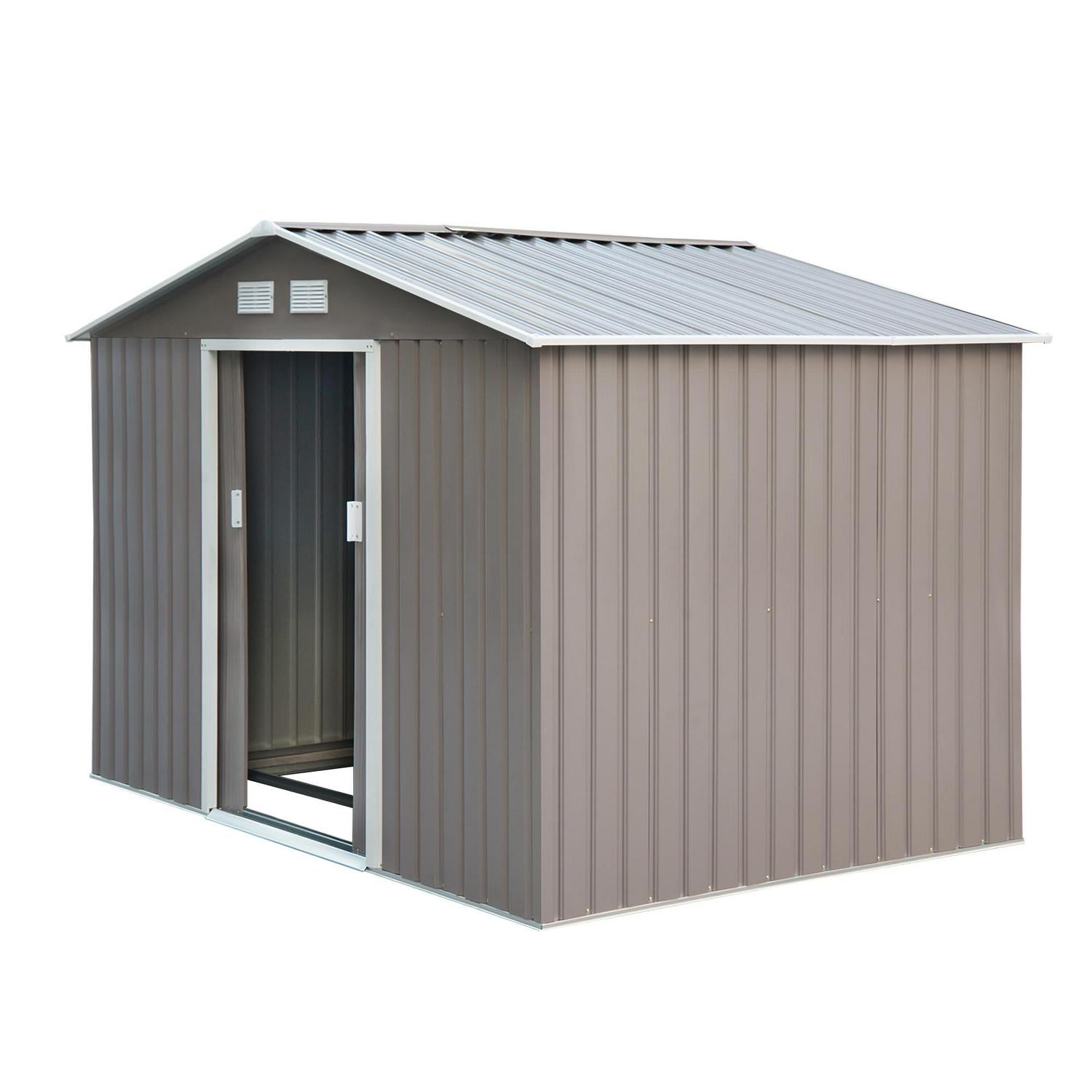 Outdoor Garden Roofed Metal Storage Shed Tool Box With Foundation Ventilation And Doors Light, Grey 9 X 6FT