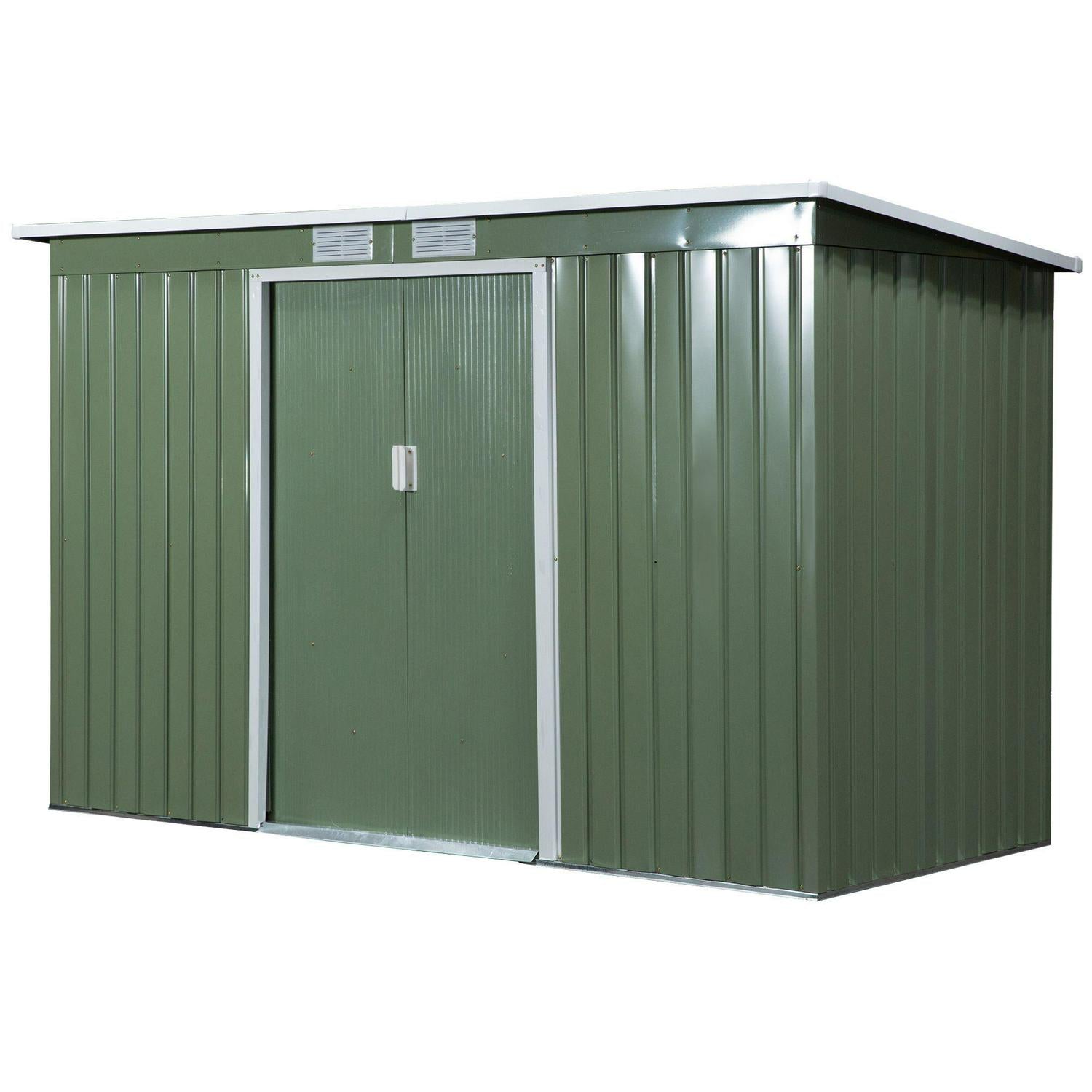 Corrugated Garden Metal Storage Shed Outdoor Equipment Tool Box With Foundation Ventilation And Doors Light Green 9ft X 4.25ft