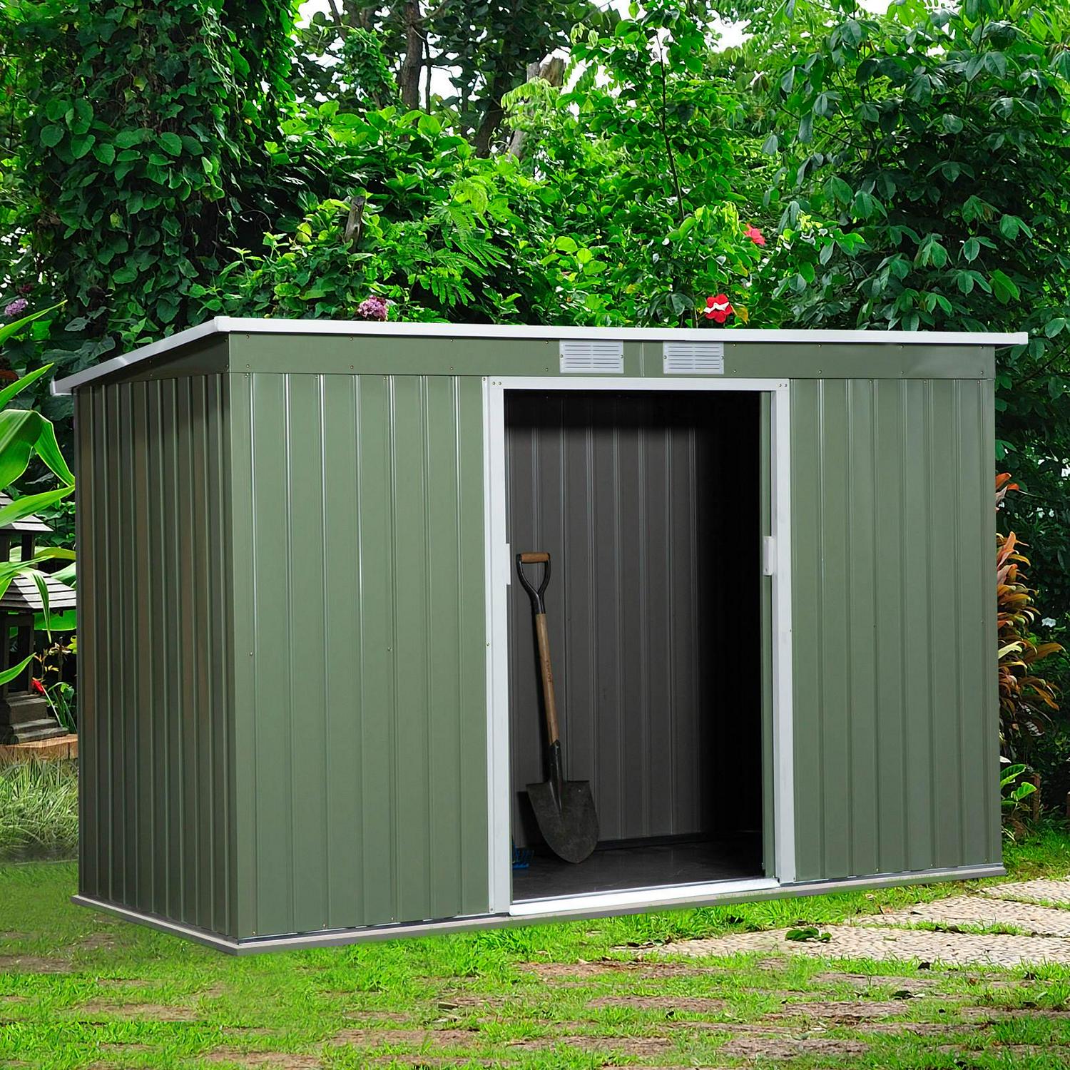 Corrugated Garden Metal Storage Shed Outdoor Equipment Tool Box With Foundation Ventilation And Doors Light Green 9ft X 4.25ft