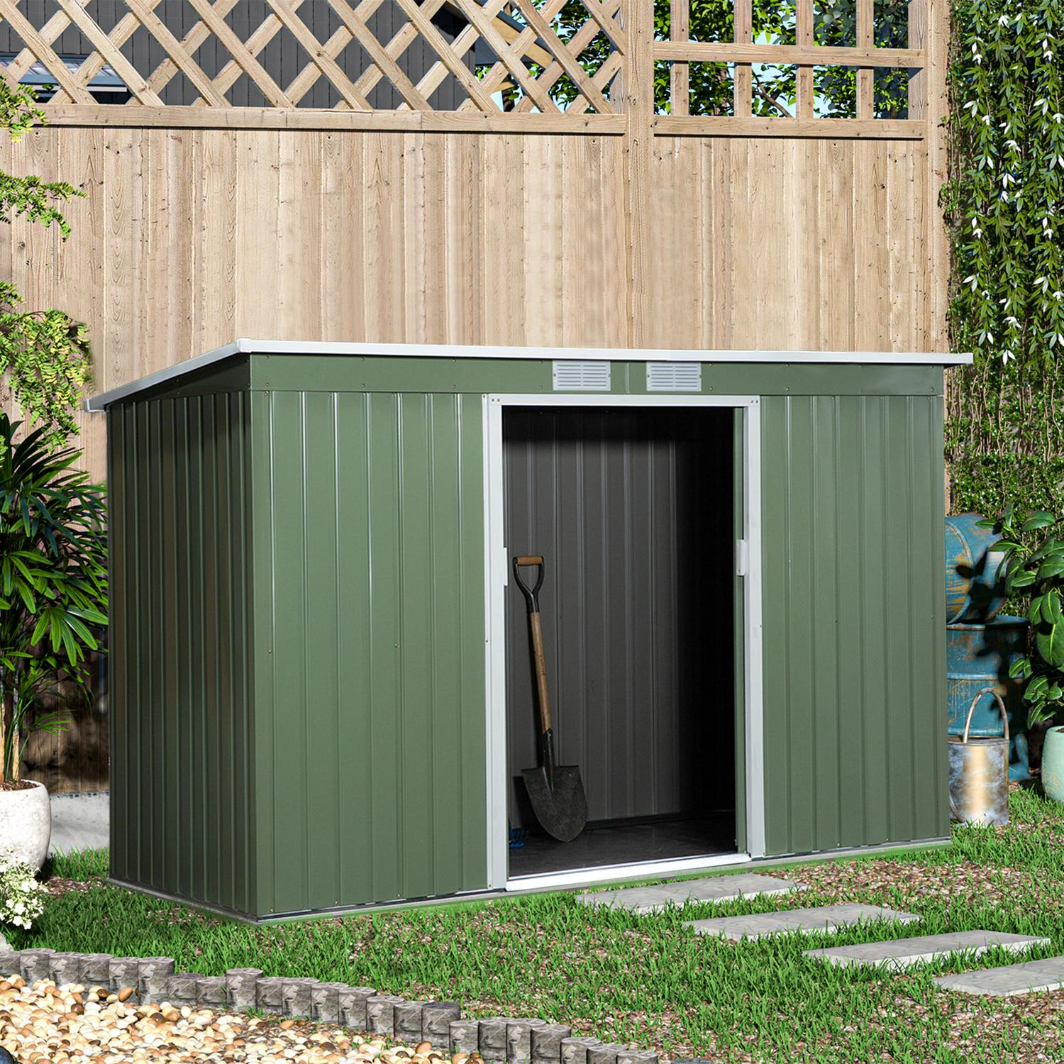 Corrugated Garden Metal Storage Shed Outdoor Equipment Tool Box With Foundation Ventilation And Doors Light Green 9ft X 4.25ft