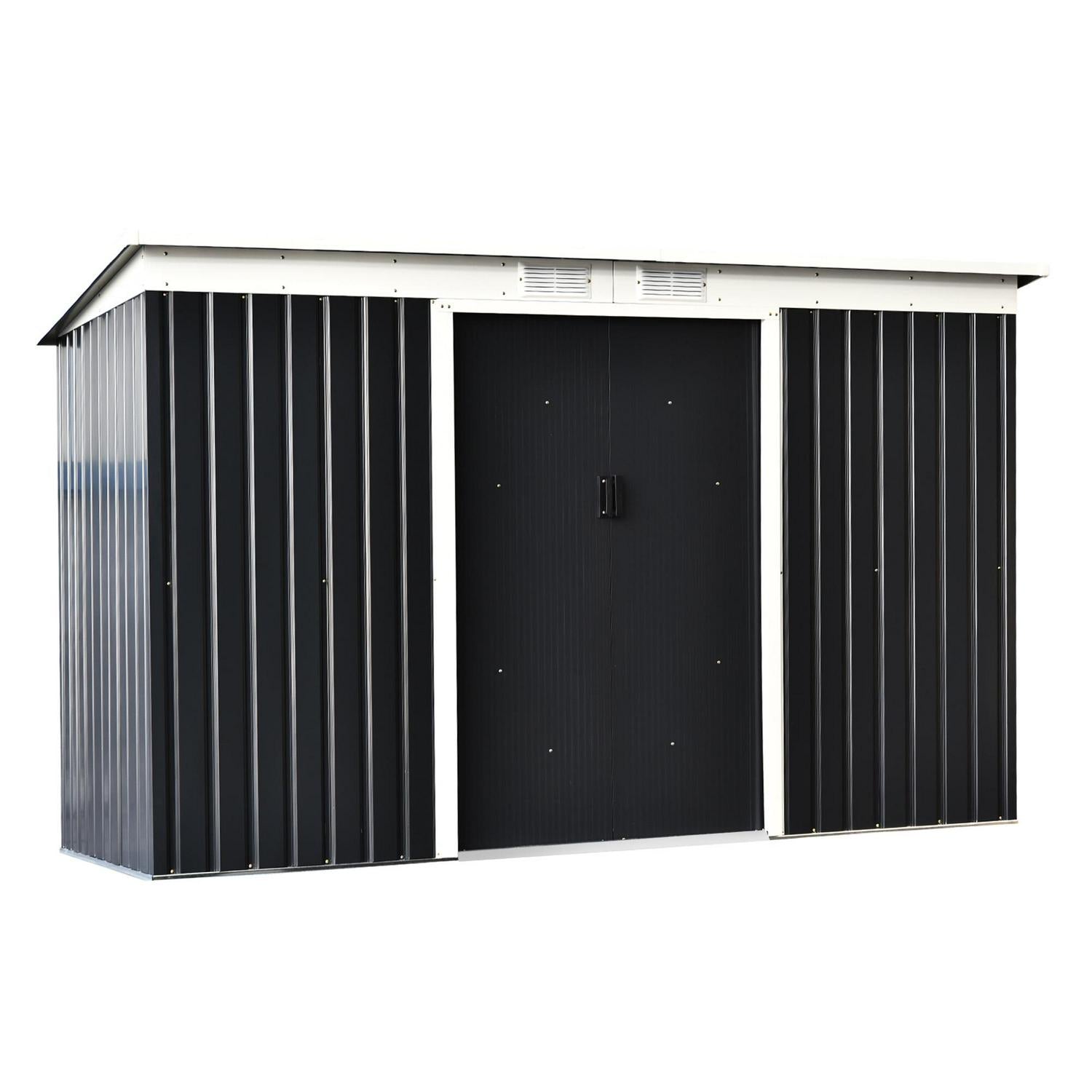 9ft X 4ft Corrugated Garden Metal Storage Shed Outdoor Equipment Tool Box With Kit Ventilation And Doors Dark Grey