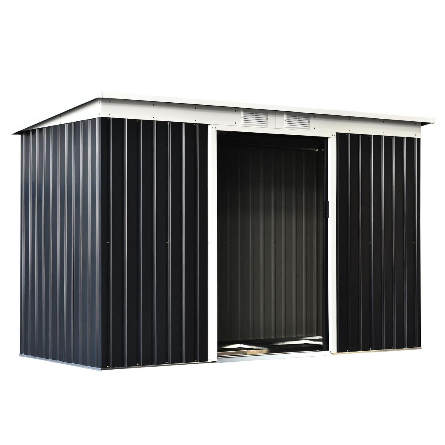 9ft X 4ft Corrugated Garden Metal Storage Shed Outdoor Equipment Tool Box With Kit Ventilation And Doors Dark Grey