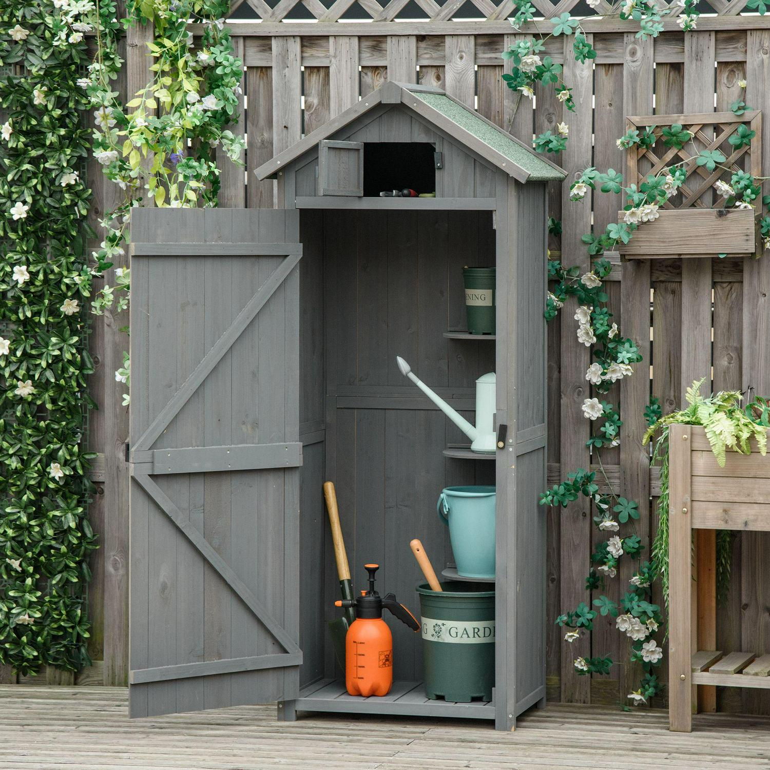 Garden Storage Shed 3 Shelves Tool House W/ Asphalt Roof (77x54x179)cm Grey