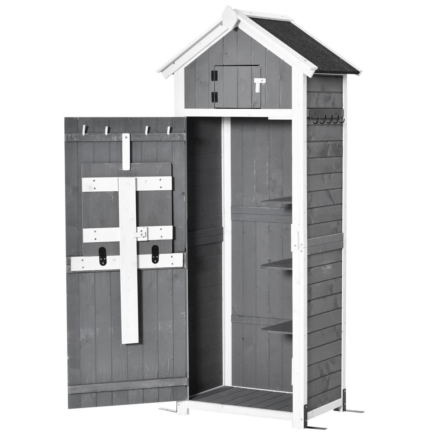 Garden Wood Storage Shed With Workstation, Hooks, Asphalt Roof And Ground Nails