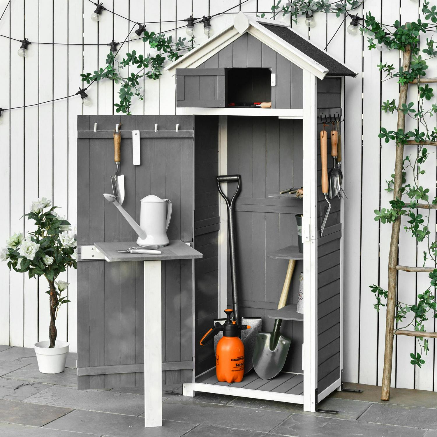 Garden Wood Storage Shed With Workstation, Hooks, Asphalt Roof And Ground Nails