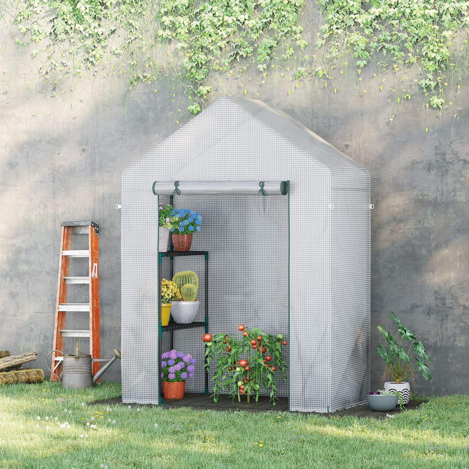 Greenhouse For Outdoor W/ 2 Tier Shelf Roll-Up Zippered Cover Green