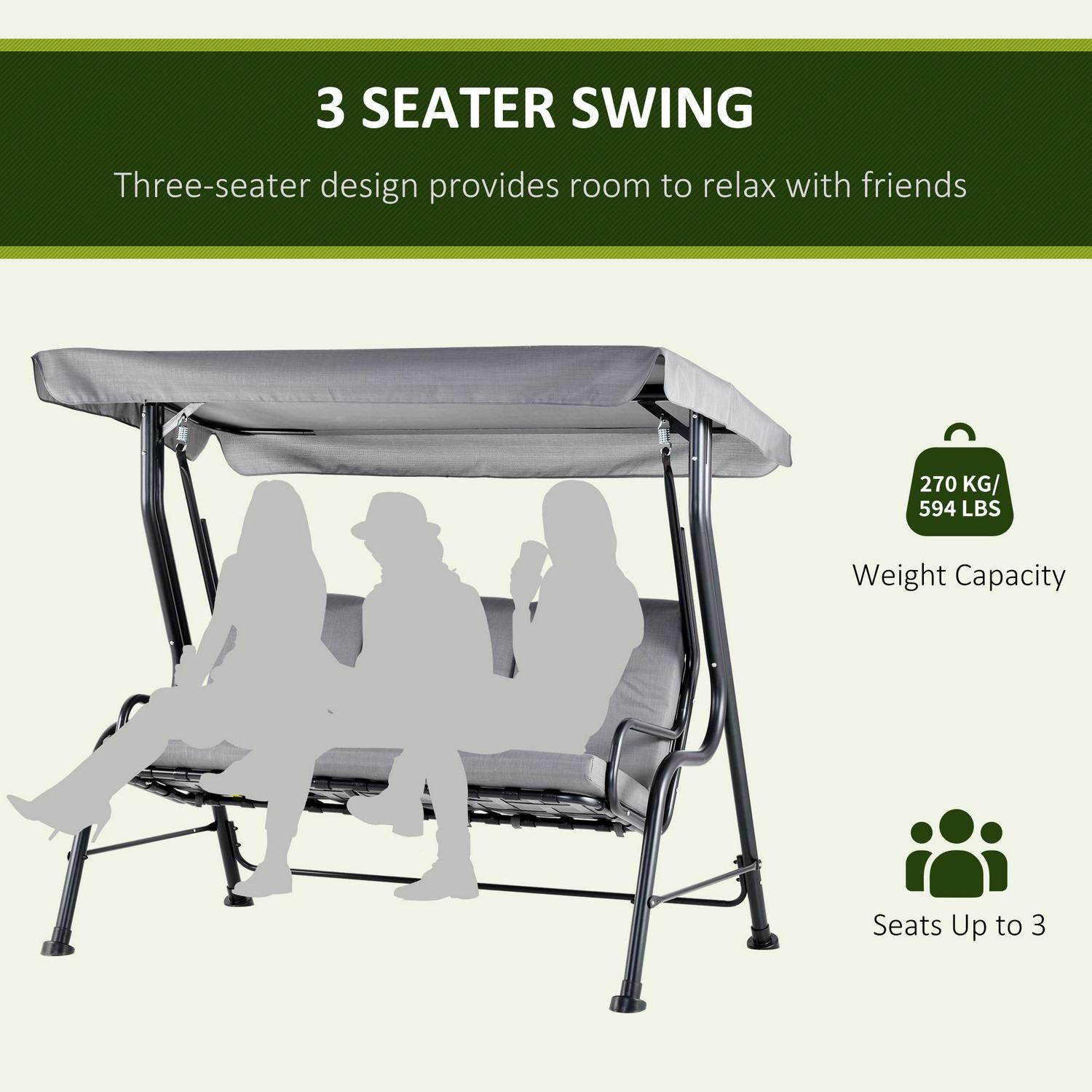 Outdoor 3-person Metal Porch Swing Chair Bench, Grey