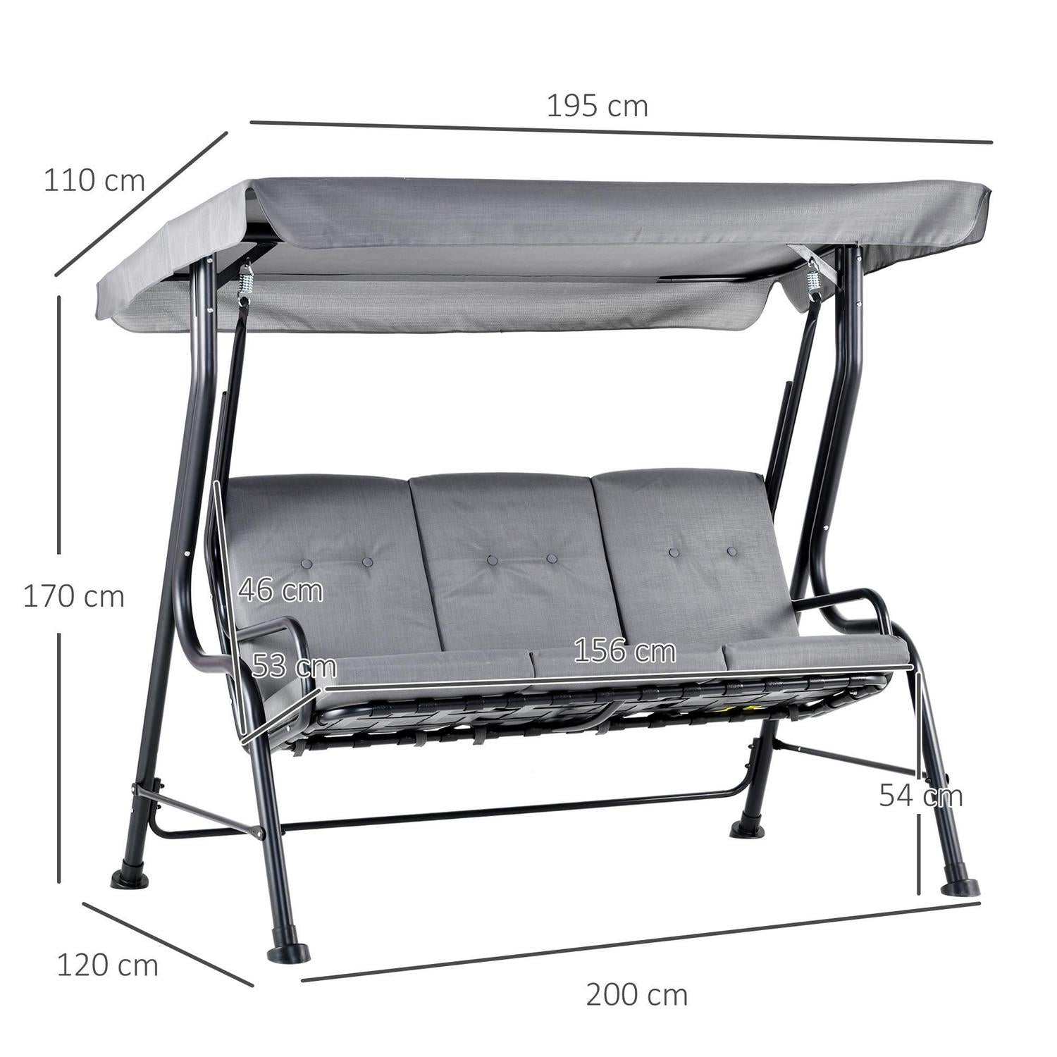 Outdoor 3-person Metal Porch Swing Chair Bench, Grey